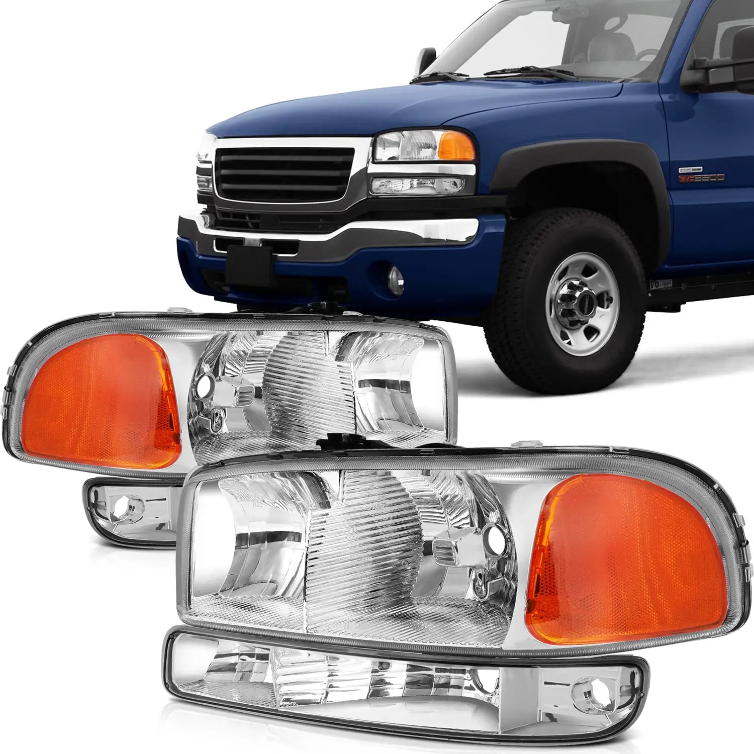 SCITOO Fit for GMC Sierra Yukon XL 1999-2006 Headlight Assembly Headlamps Replacement + Front Signal Lights (Driver and Passenger Side)