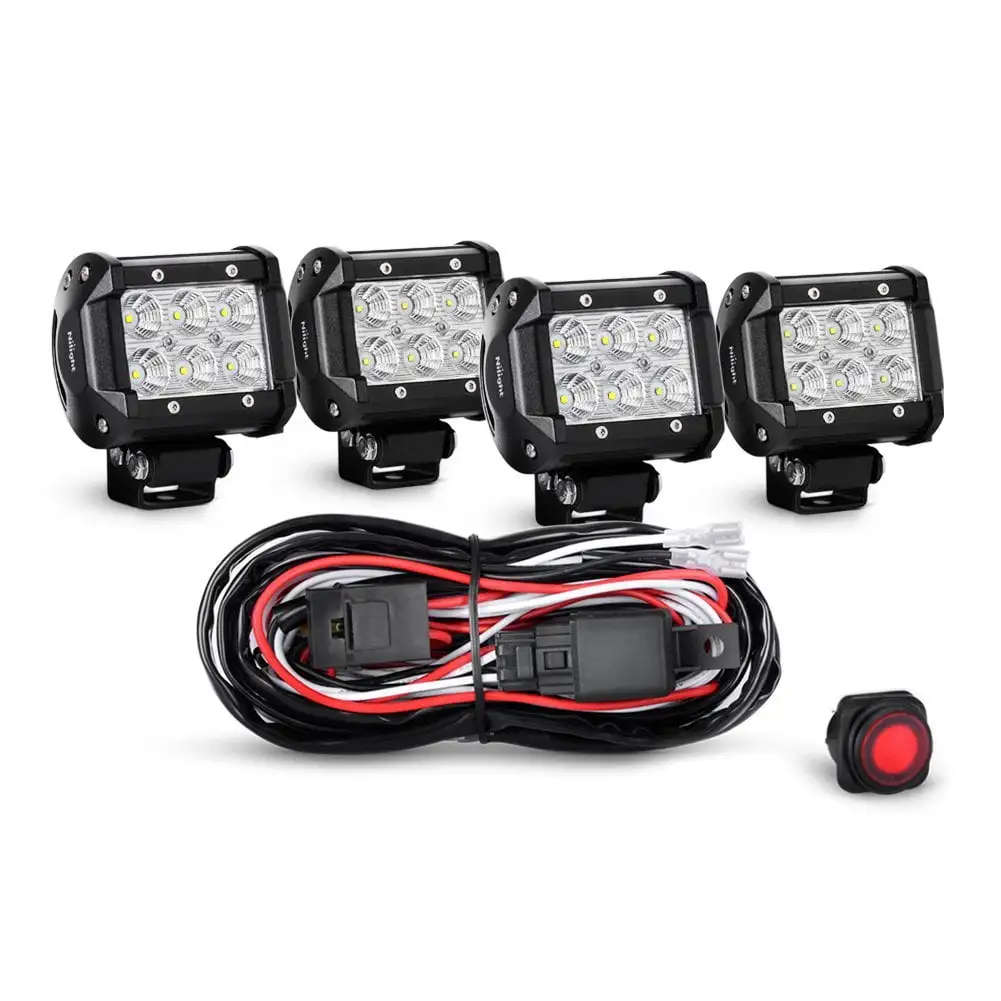 Nilight 4PCS 4 Inch 18W Flood LED Light Bars Led Work Lights Fog Lights Off Road Light Driving Lights With Off Road Wiring Harness. 2 Years Warranty