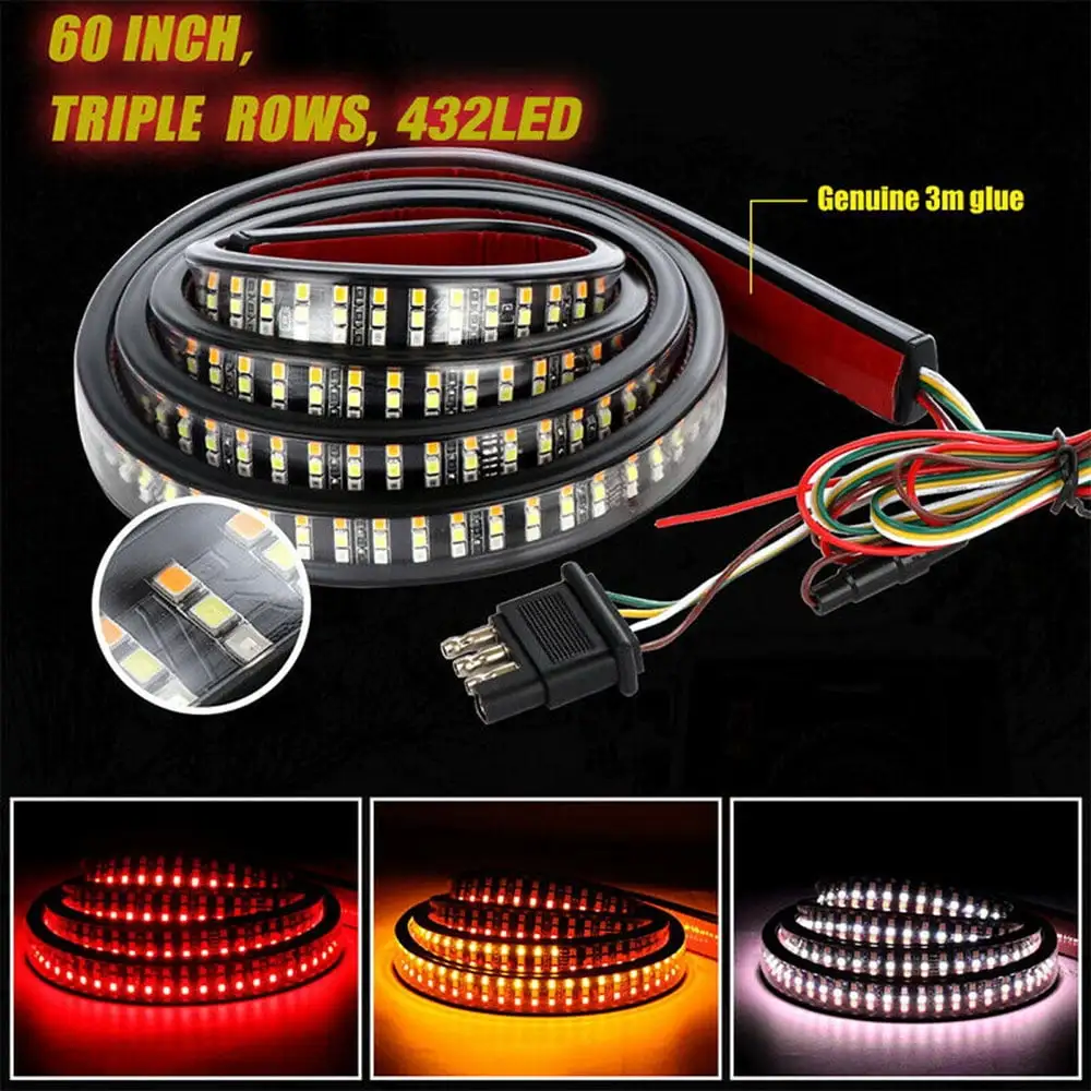 Truck Tailgate Bar 60 Triple Row LED Strip with Red Brake White Reverse Sequential Amber Turning Signals Strobe Lights 6 Full Function