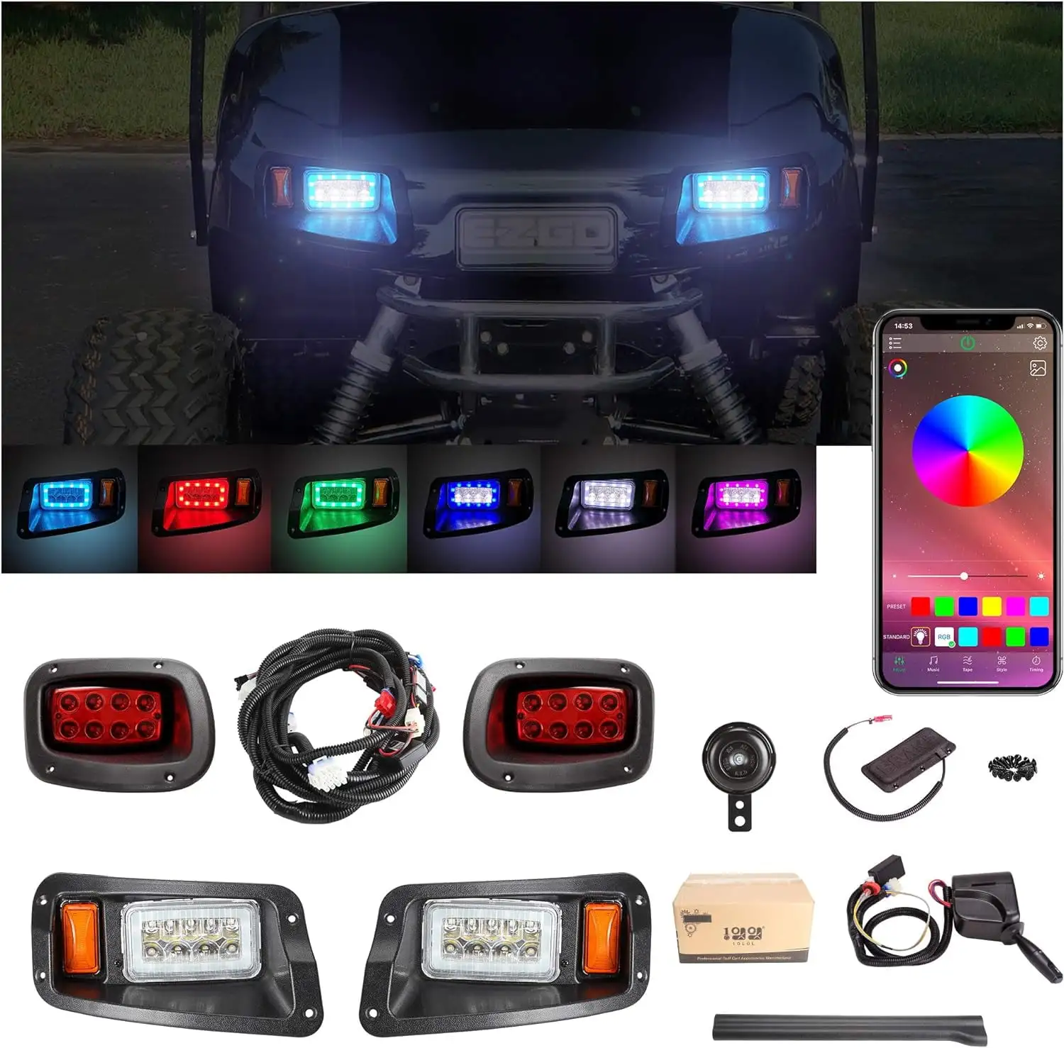 10L0L Deluxe LED Golf Cart Lights. Golf Cart Headlights Taillight Light Kit for EZGO Freedom TXT Golf Cart 2014-up. RGB Daytime Running Light Low High Beam Turn Signal Horn Brake Pad Hazard Light