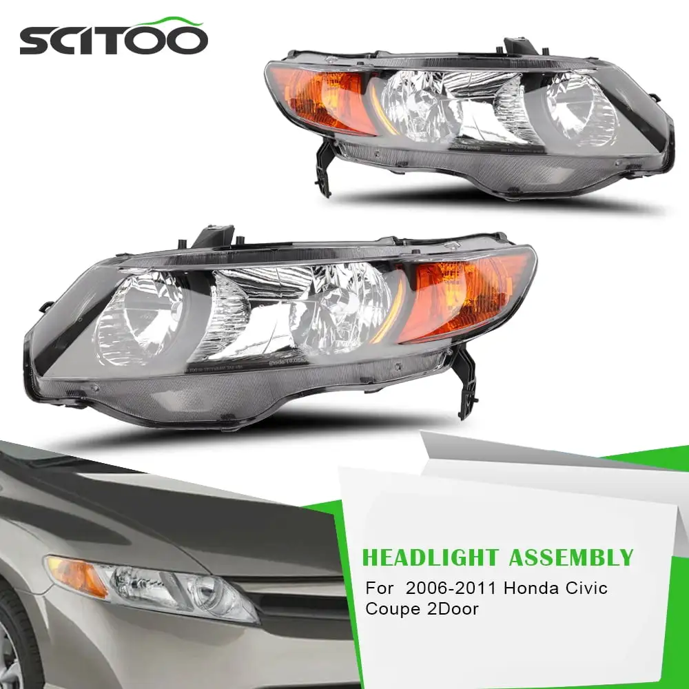 SCITOO Fit For Honda Civic Coupe 2 Door 2006 2007 2008 2009 2010 2011 Headlight Assembly Replacement Headlamps (Front Left and Right Side)