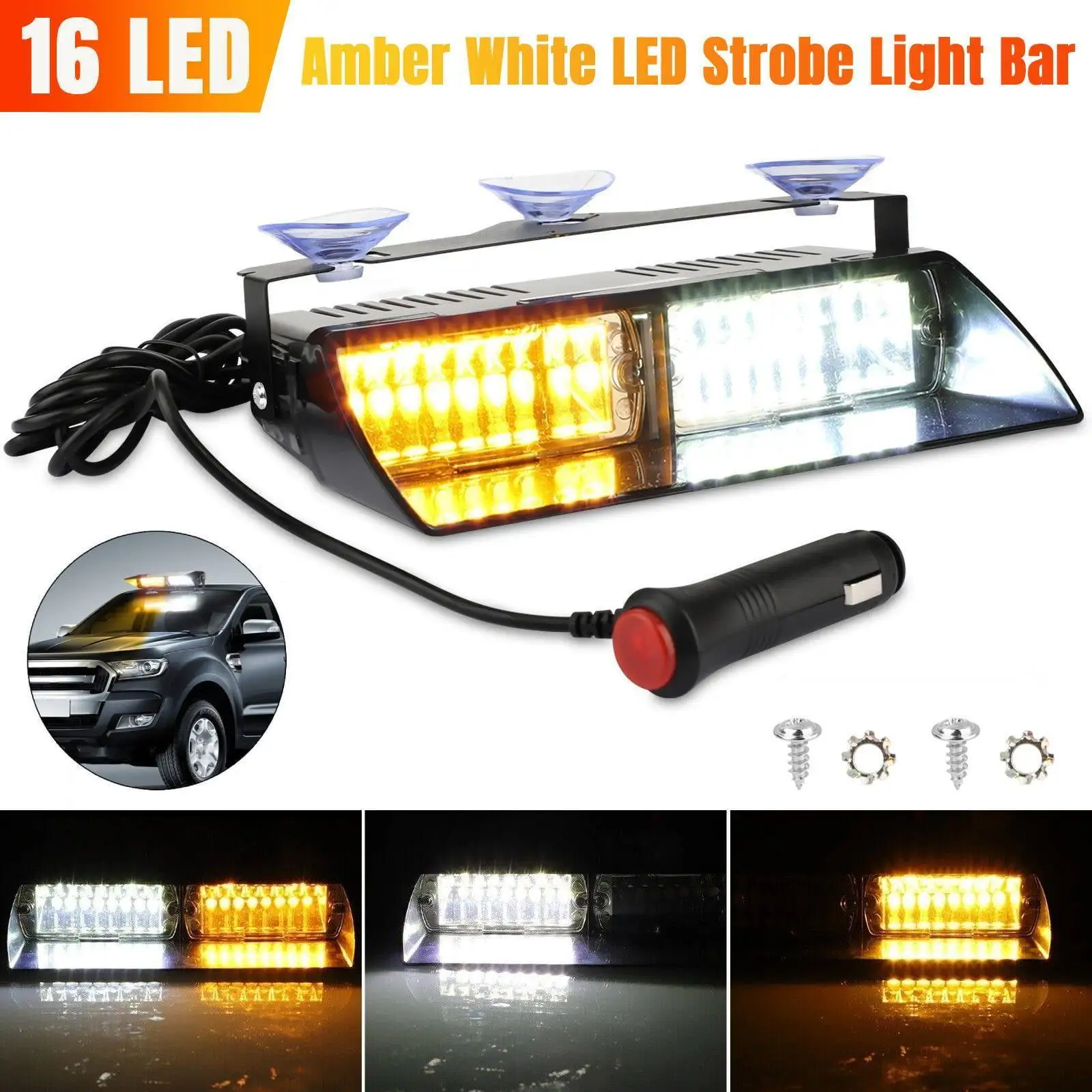 16LED Strobe Light Bar Car Truck Rooftop Flash Warning Hazard Beacon Amber/White