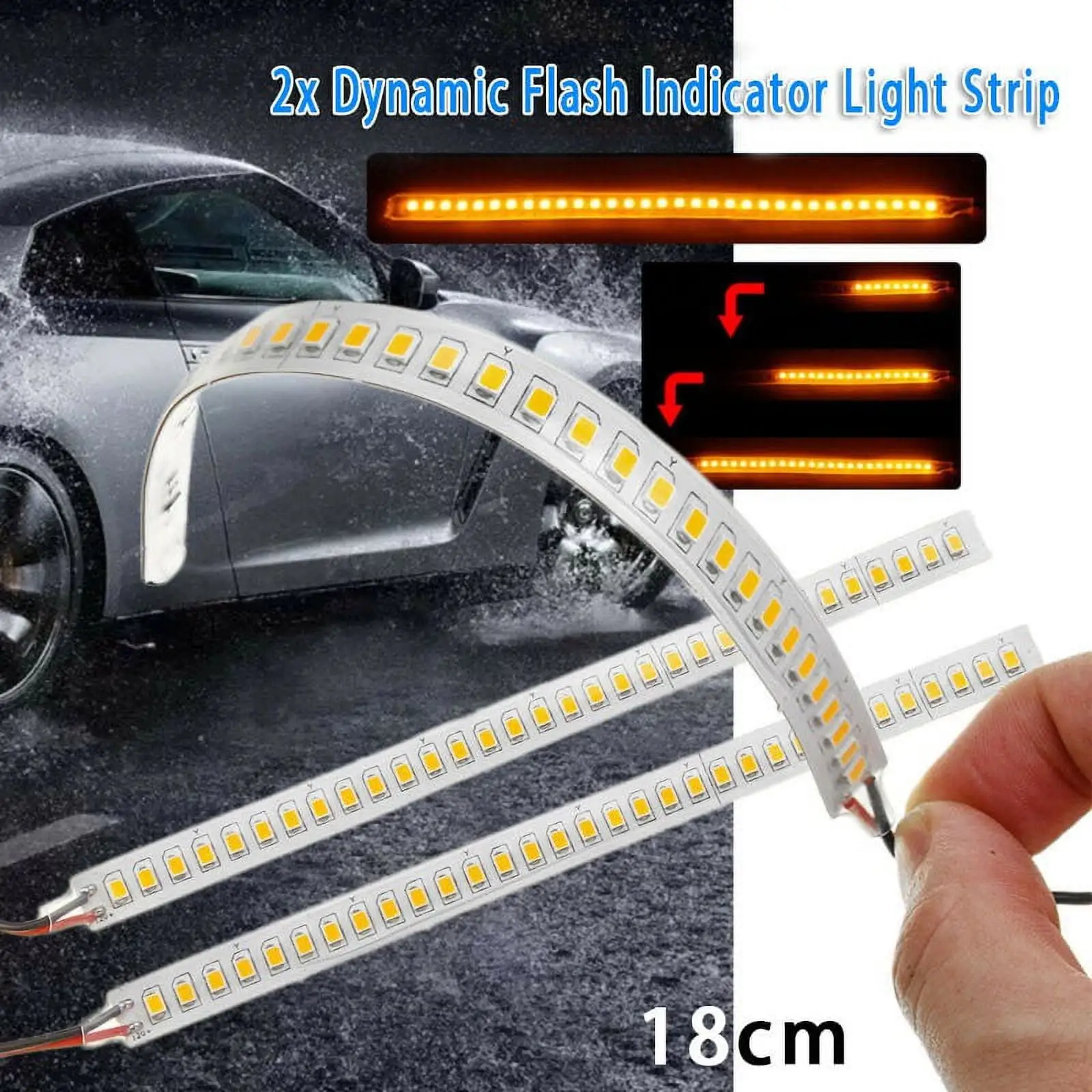 2 *Dynamic Amber LED Car Side Mirror Turn Signal Indicator Light Bar 18CM