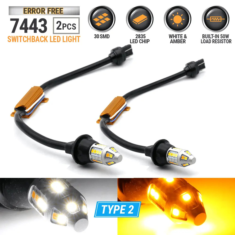 2 LED 7443 Error Free Switchback White-Yellow Type-2 Front Turn Signal Bulbs