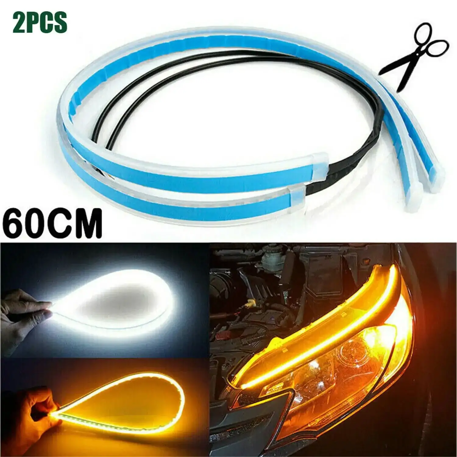 2 x Sequential LED Strip Turn Signal Indicator Car DRL Daytime Running Light 30cm 45cm 60cm Blue-yellow 45cm