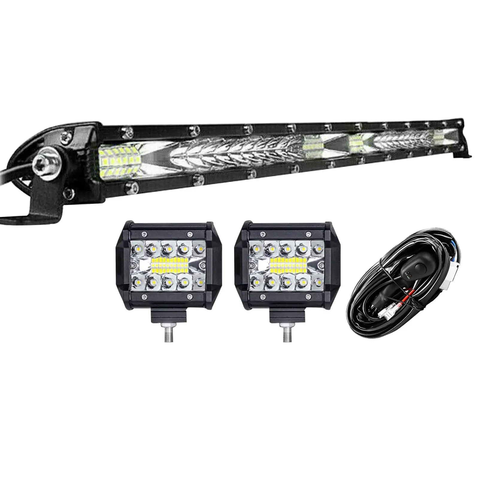 20inch 120W Spot Flood Combo LED Light Bar+2PCS 60w 4Inch Spot LED Pods With 16AWG Wiring Harness Kit