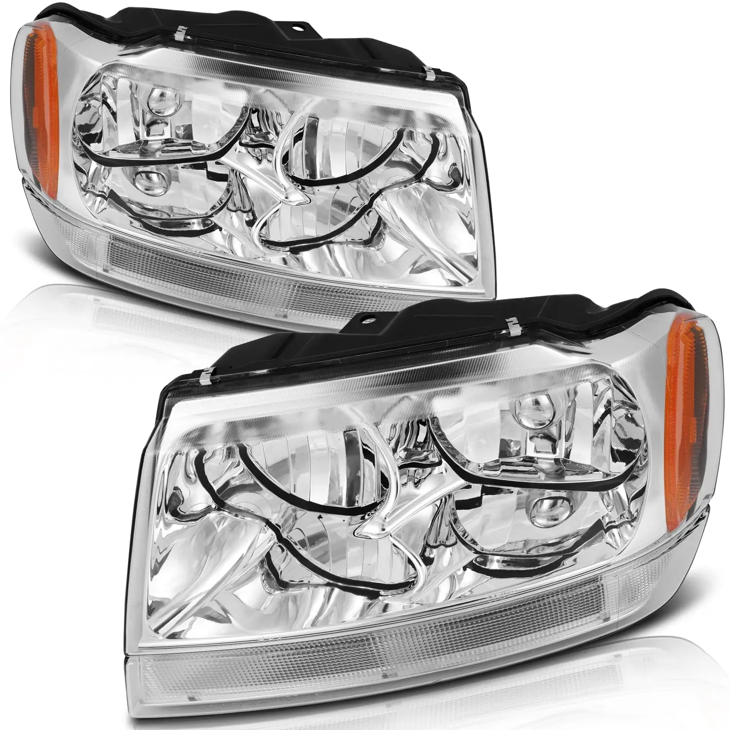 SCITOO Headlight Assembly Fit For 1999 2000 2001 2002 2003 2004 Jeep Grand Cherokee Headlamp in Chrome Housing Amber Corner Clear Lens