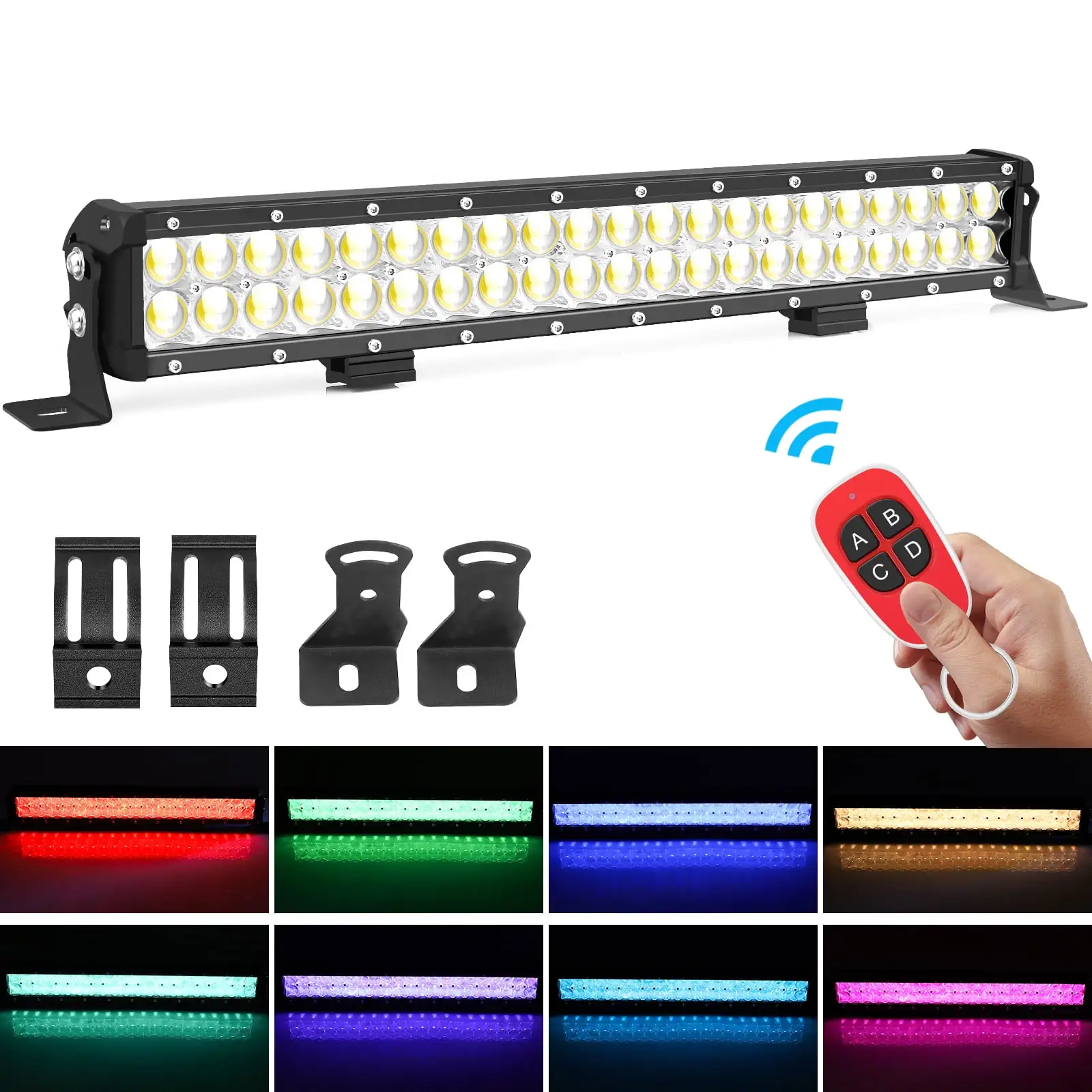 22inch 126W RGB LED Light Bar Off Road Automotive Work Light with Chasing RGB Halo 40 Modes Switching Flashing Modes Flood Combo Beam Waterproof for Trucks Pickup SUV ATV