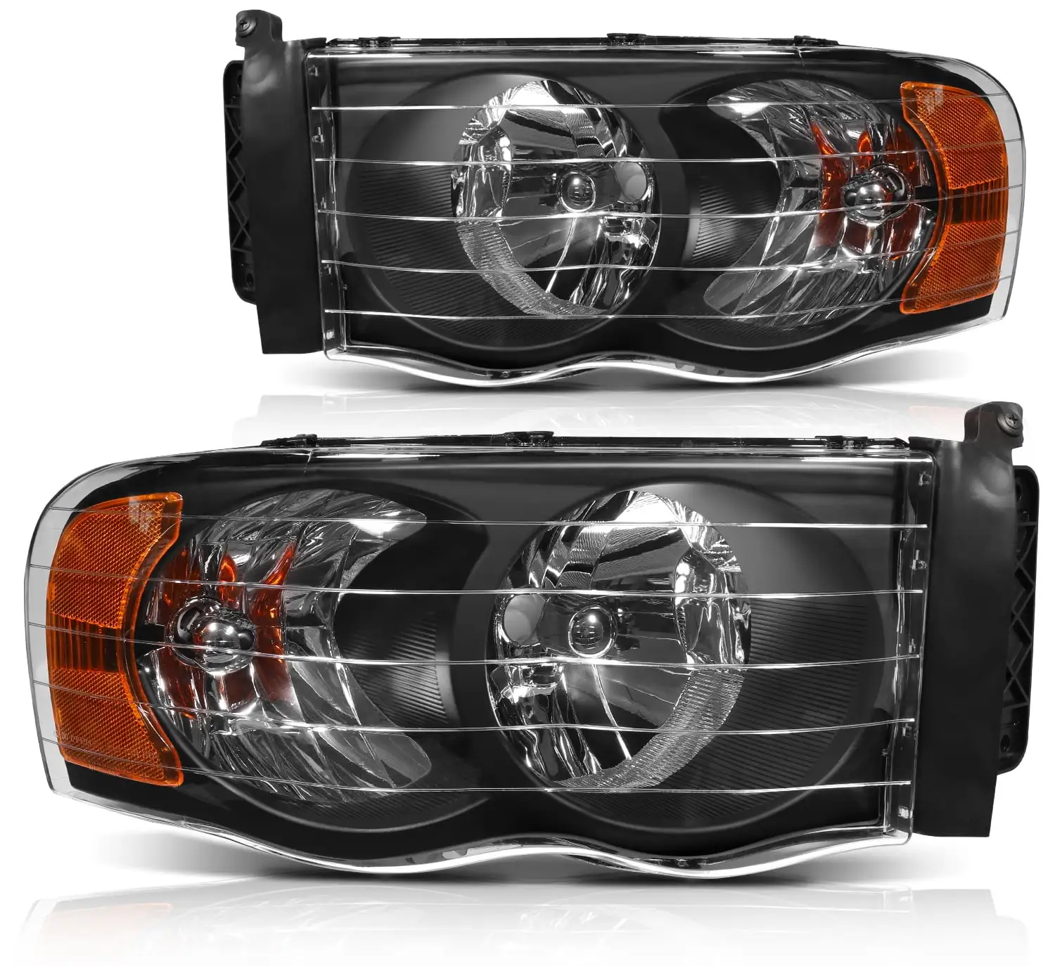 SCITOO Headlight Assembly Fit For 2002-2005 Dodge Ram 1500.For 2003-2005 Dodge Ram 2500.For 2004-2005 Dodge Ram 3500 Headlamp in Black Housing Amber Reflector Clear Lens