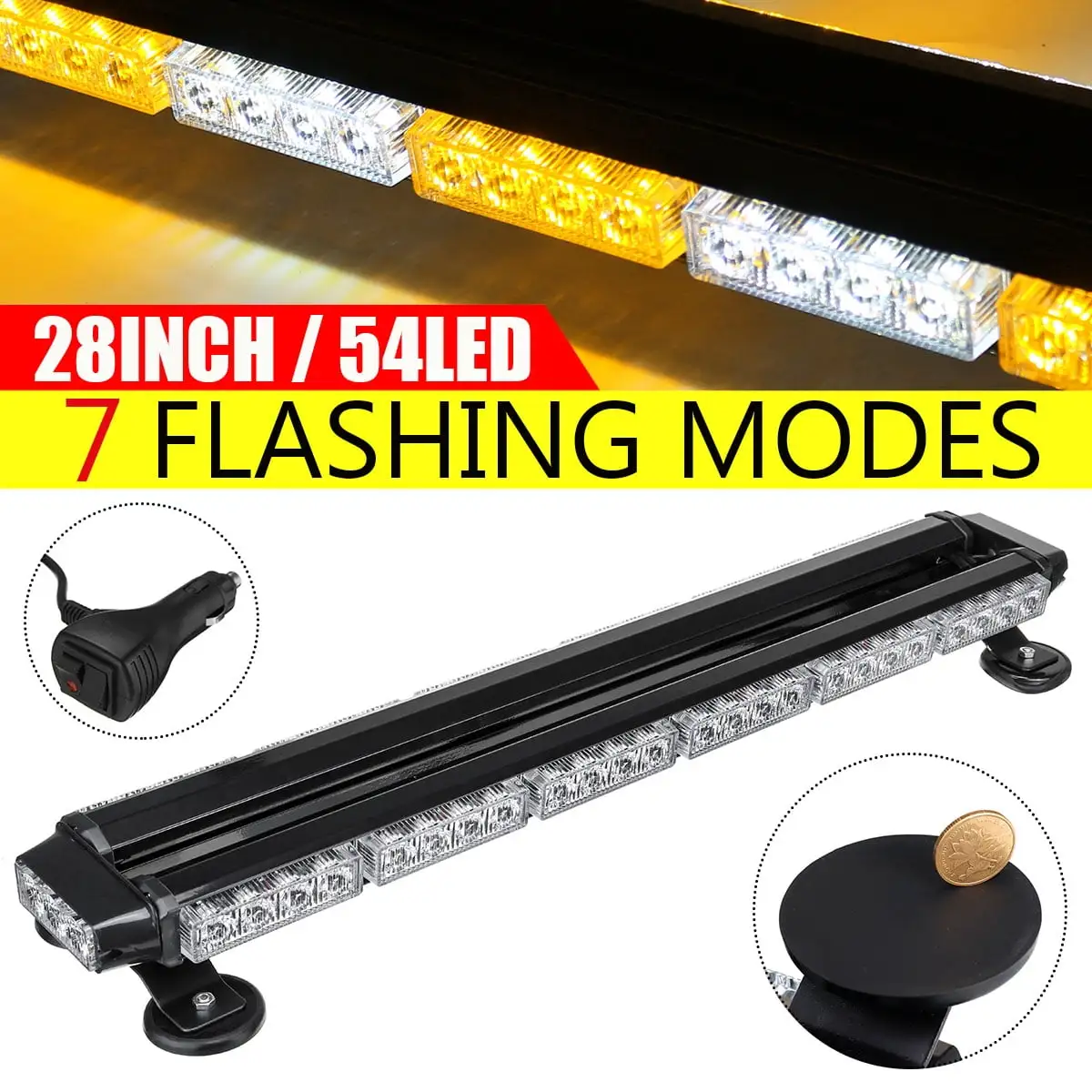 28 54 LED Strobe Light Bar. Emergency Warning Lamp. Traffic Flash Work Light. 7 Kinds of Flashing Models. Amber & White. 12V