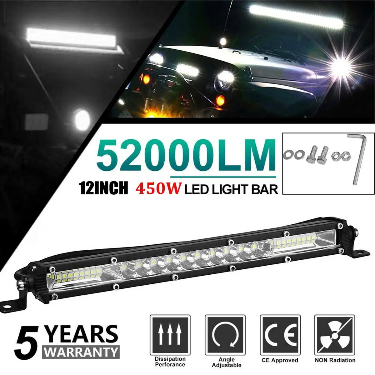 INTELIVE 12inch LED Light Bar 52000LM 450W LED Work Light Combo Beam Light Fits for off-Road Truck