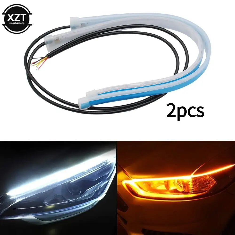 2Pcs Daytime Running DRL LED Light Bar Turn Signal Light Yellow Bright Flexible Turn Signal Lights For Car Headlights white yellow60cm 45cm