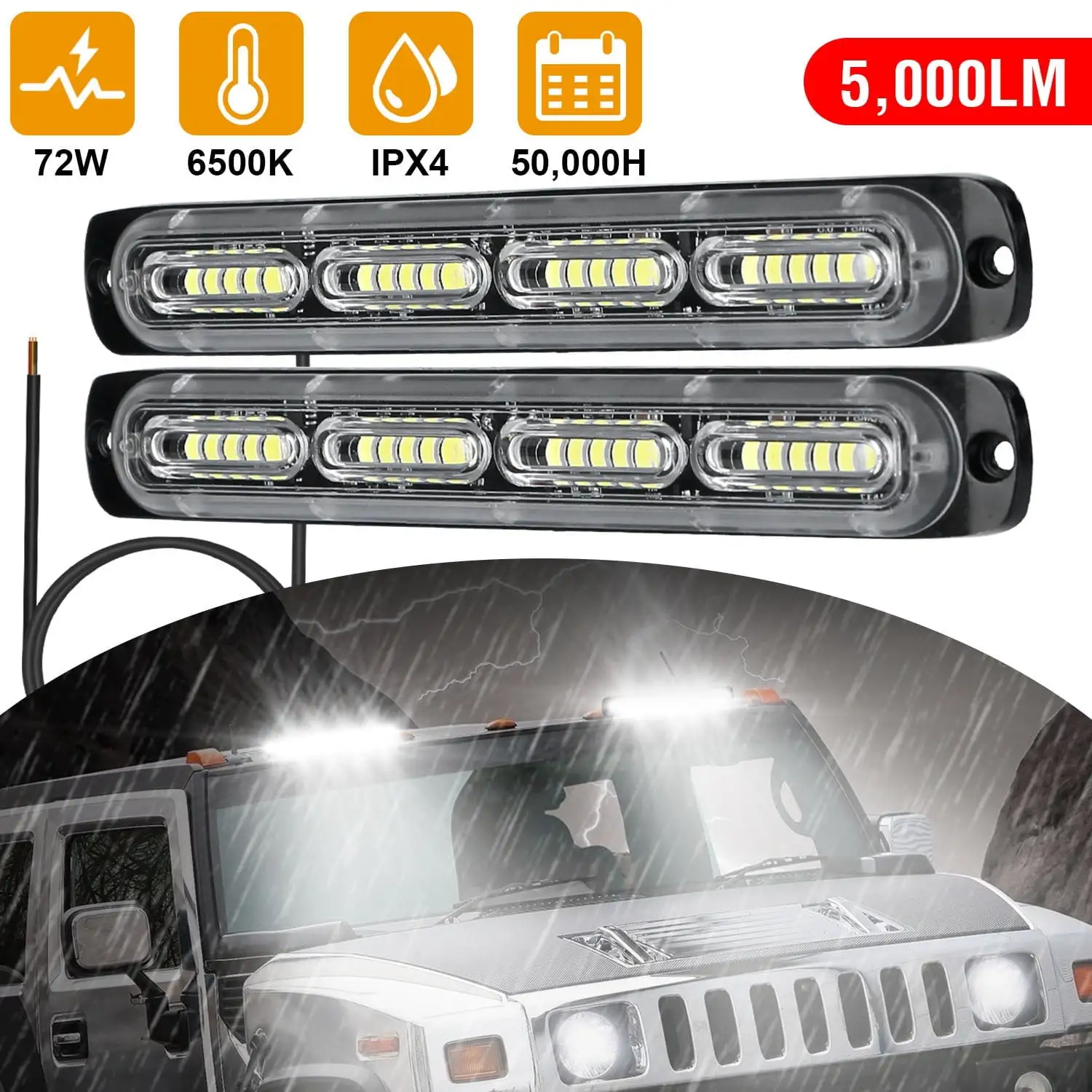 2Pcs LED White Light Bar. iMounTEK 72W IPX4 Waterproof Work Light Pods Emergency Warning Light Bar with Flashing Cycling Lighting Mode for Car Motorcycle Truck