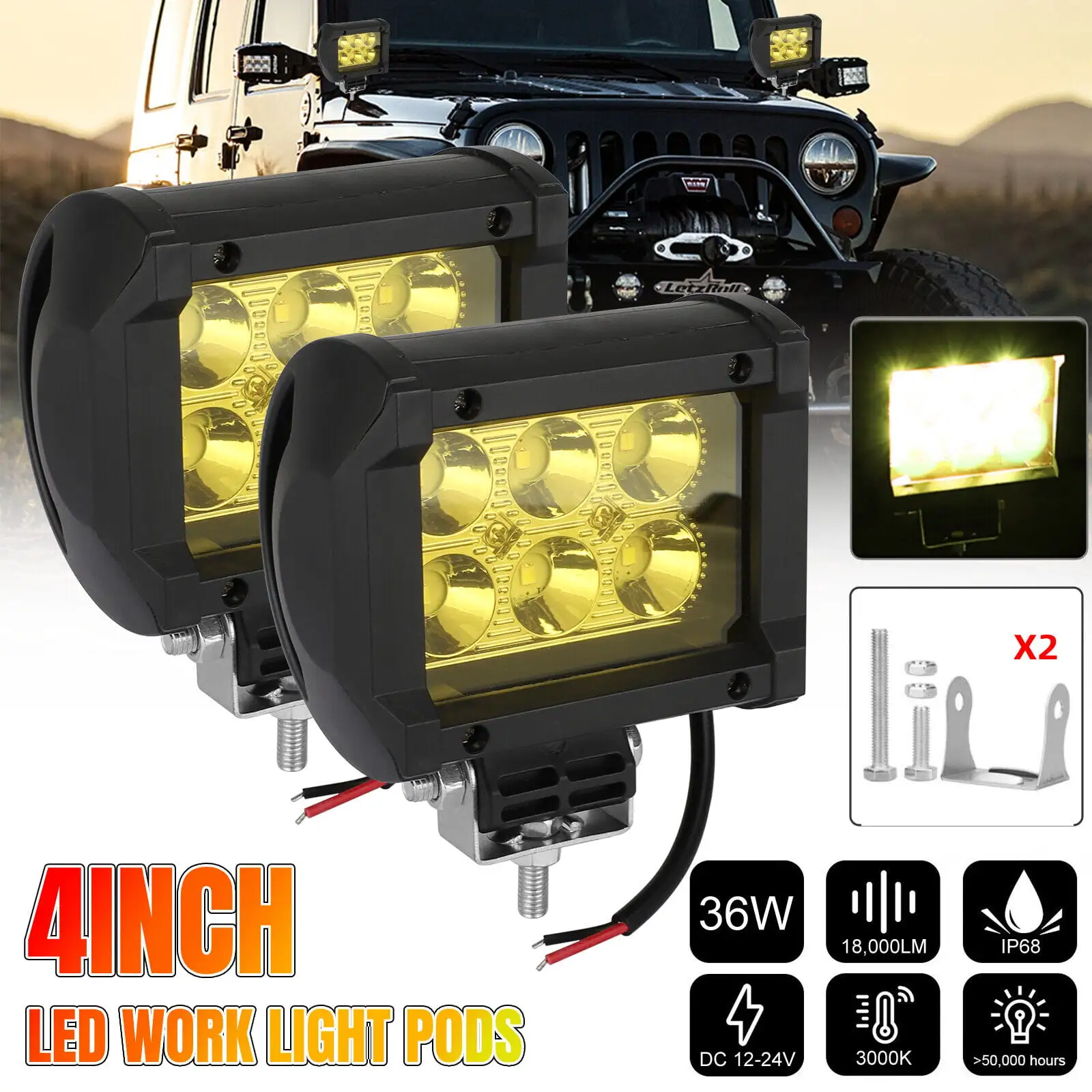 2X 4 Amber LED Work Light Bar Spot Pods Fog Lamp Offroad Driving Truck SUV 4WD