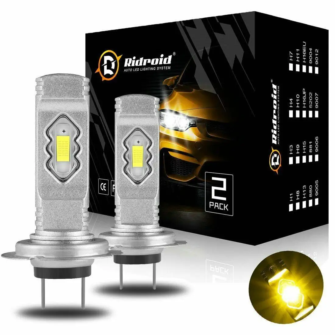 2X H7 LED Headlight Bulb Conversion Kit High Low Beam 3000K Yellow 20000LM