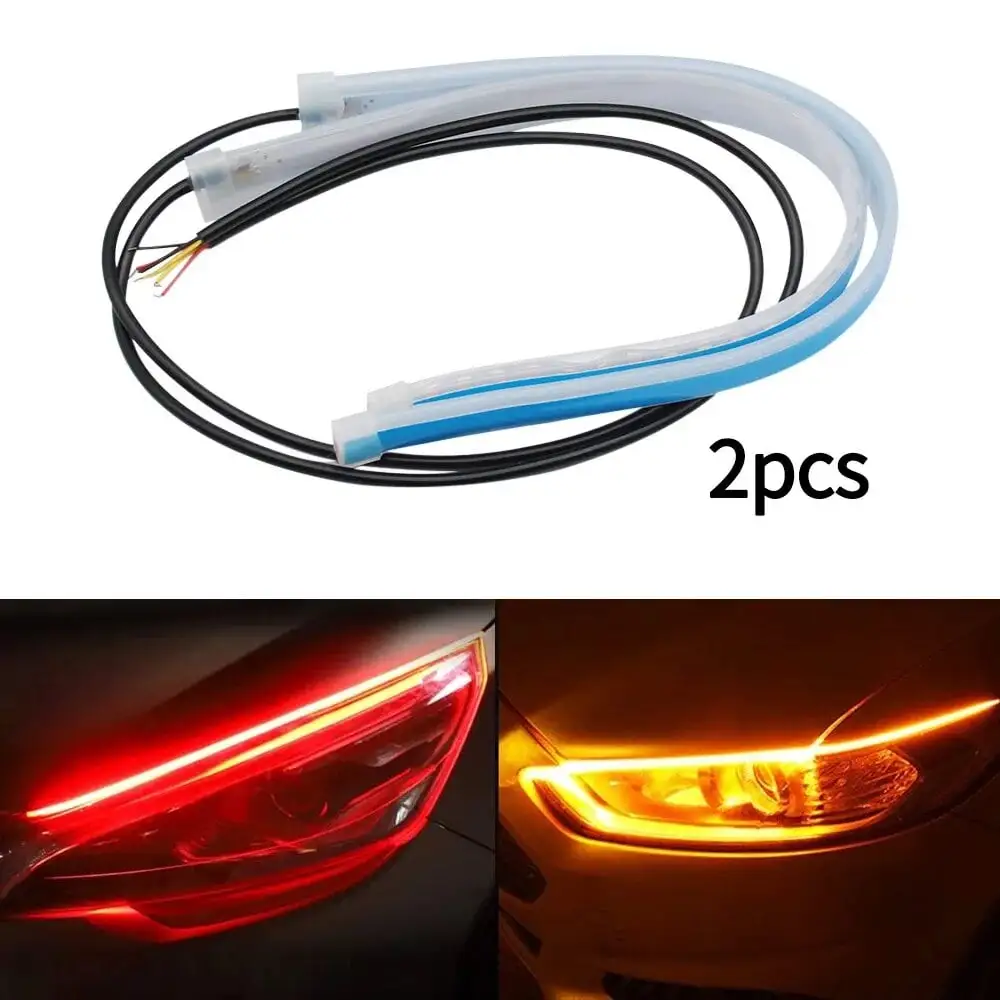 2pcs 12V LED DRL Car Daytime Running Light Flexible Waterproof Strip Auto Headlights White Turn Signal Yellow Brake Flow Lights red to yellow 30CM