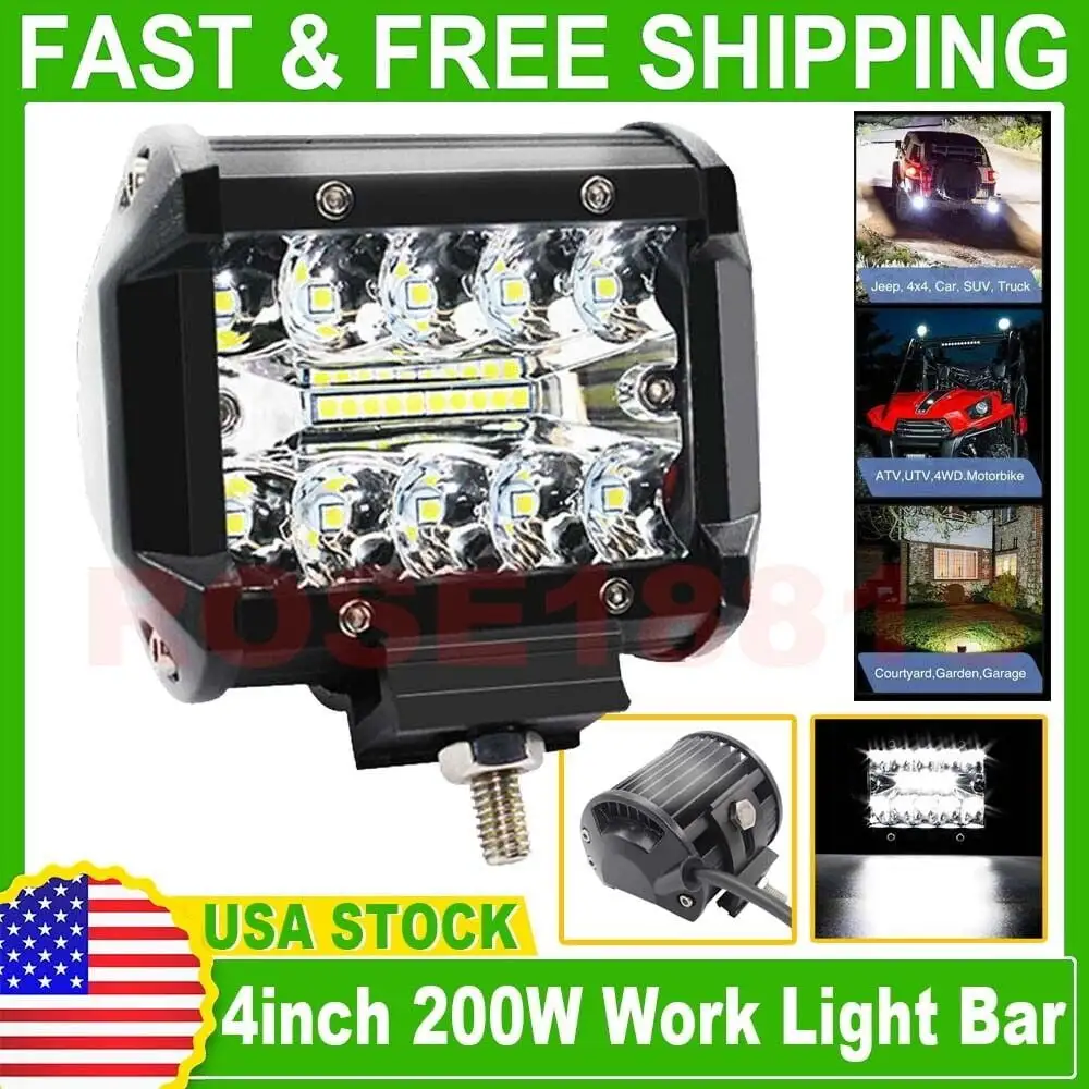 1x 4INCH 200W LED WORK LIGHT BAR DRIVING Flood BEAM For SUV ATV TRUCK US STOCK