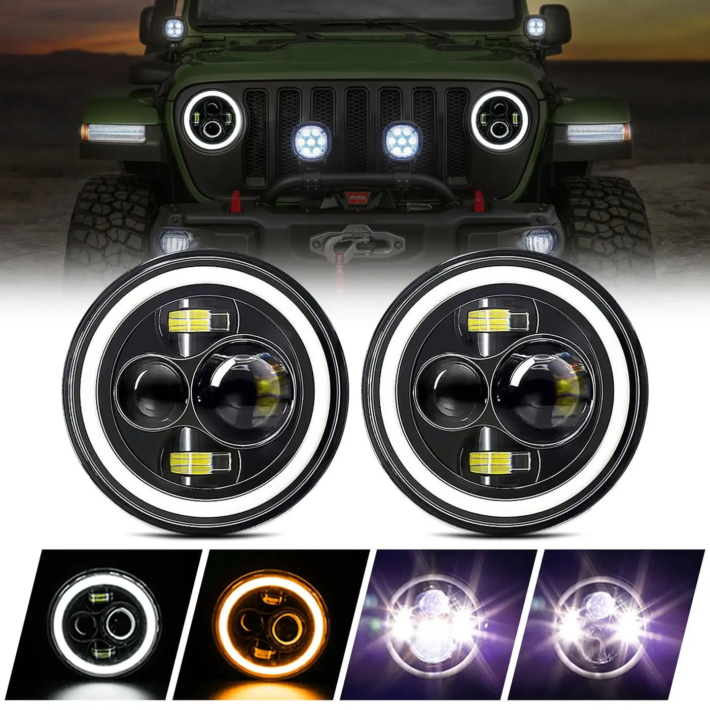 2pcs DOT/SAE 7 Inch Round Universal Sealed Beam Conversion Kit Amber LED Halo Angel Eye Turn Signal White DRL Daytime Running Lights High/Low Beam Projector Headlights Assembly+H4/H13 Adaptors