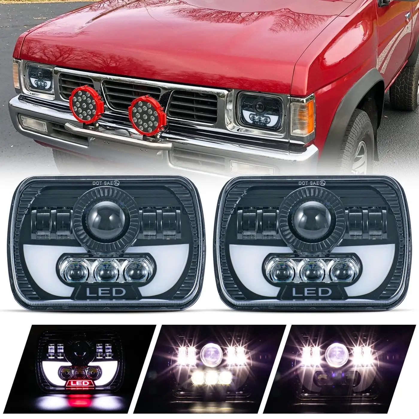 2pcs DOT/SAE 7x6 5x7 Inch Rectangular Square Sealed Beam Conversion Kit Super Bright LED Pattern DRL Daytime Running Lights White High/Low Beam Projector Headlights Assembly + H4-3-Pin Adaptors