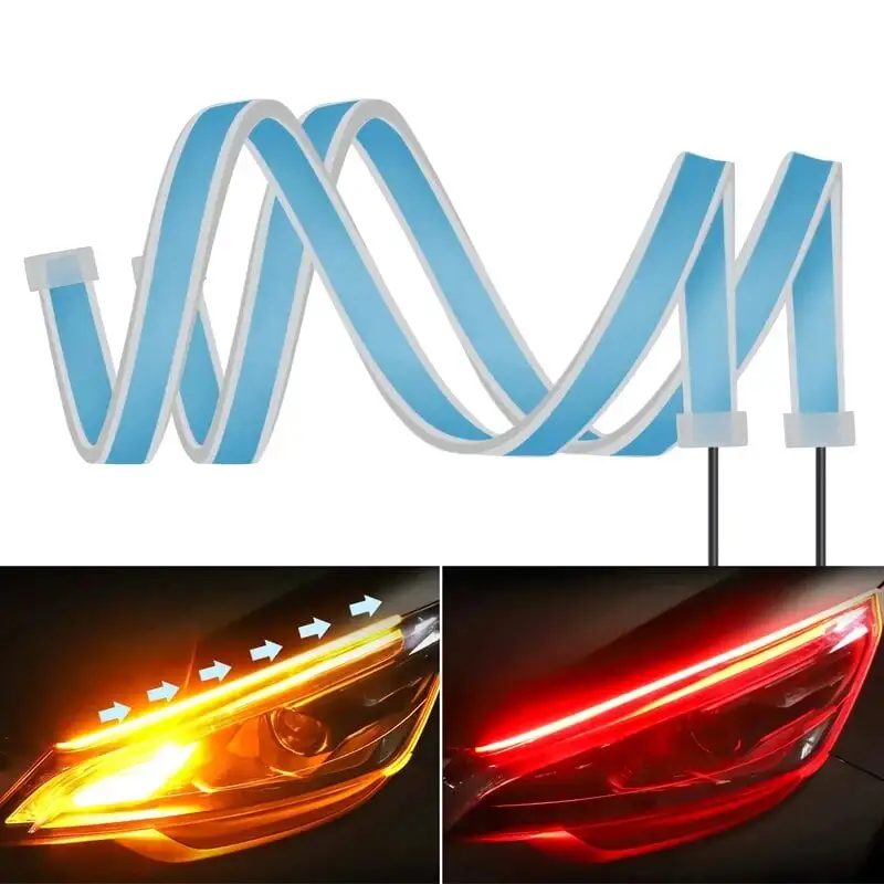 2pcs Drl For Cars LED Lighting Strip Daytime Running Lights Flexible Waterproof Strips Light 12V Car Accessories Auto Headlight Red to Amber 45cm(17.7in)