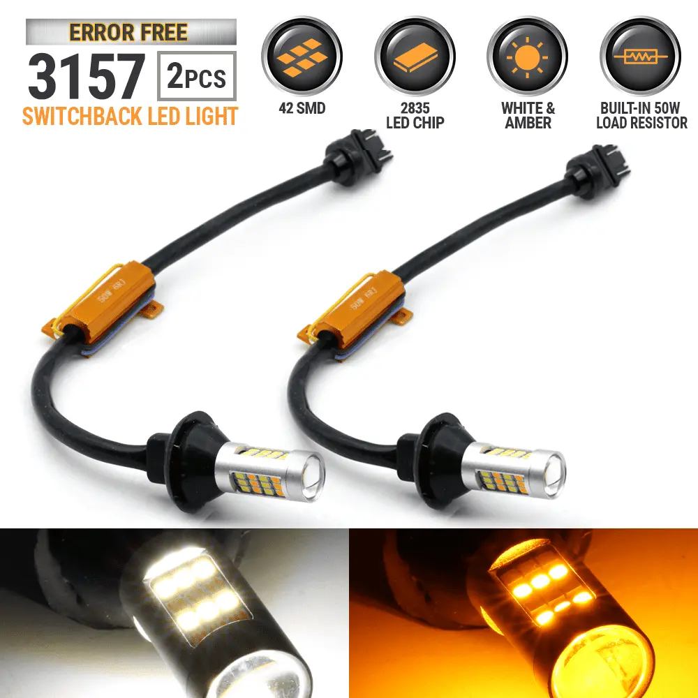 2x Error Free 3157 Type-1 Switchback White-Amber Front Turn Signal LED Bulbs