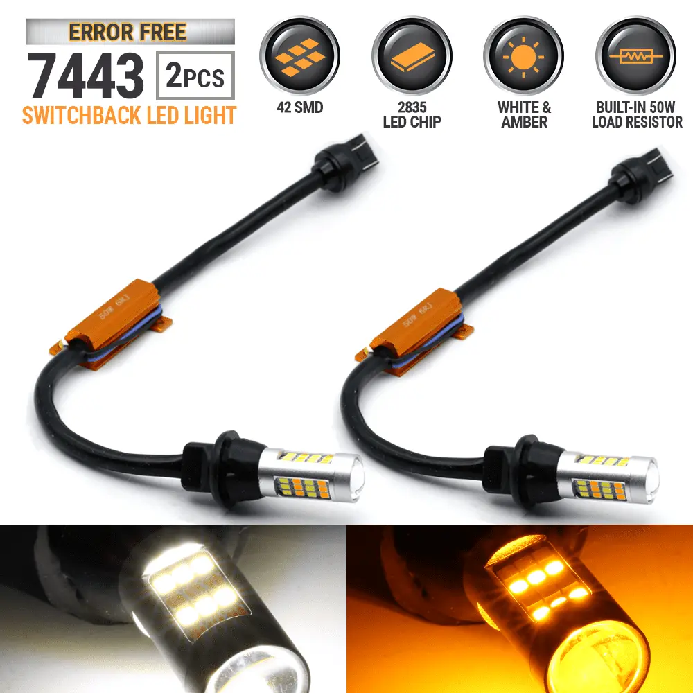 2x Error Free 7443 Switchback White-Yellow Type-1 Front Turn Signal Light Bulbs