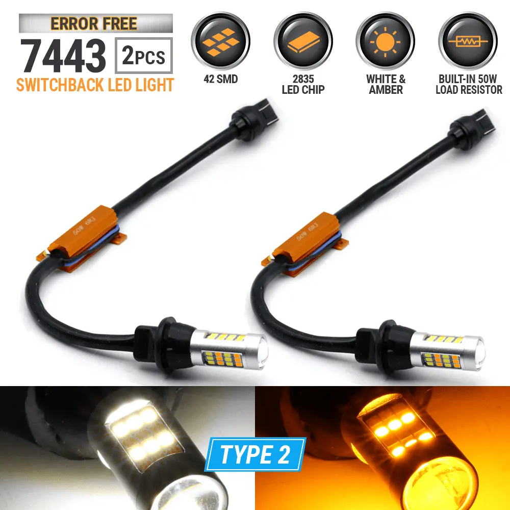 2x Error Free 7443 Switchback White-Yellow Type-2 Front Turn Signal Light Bulbs