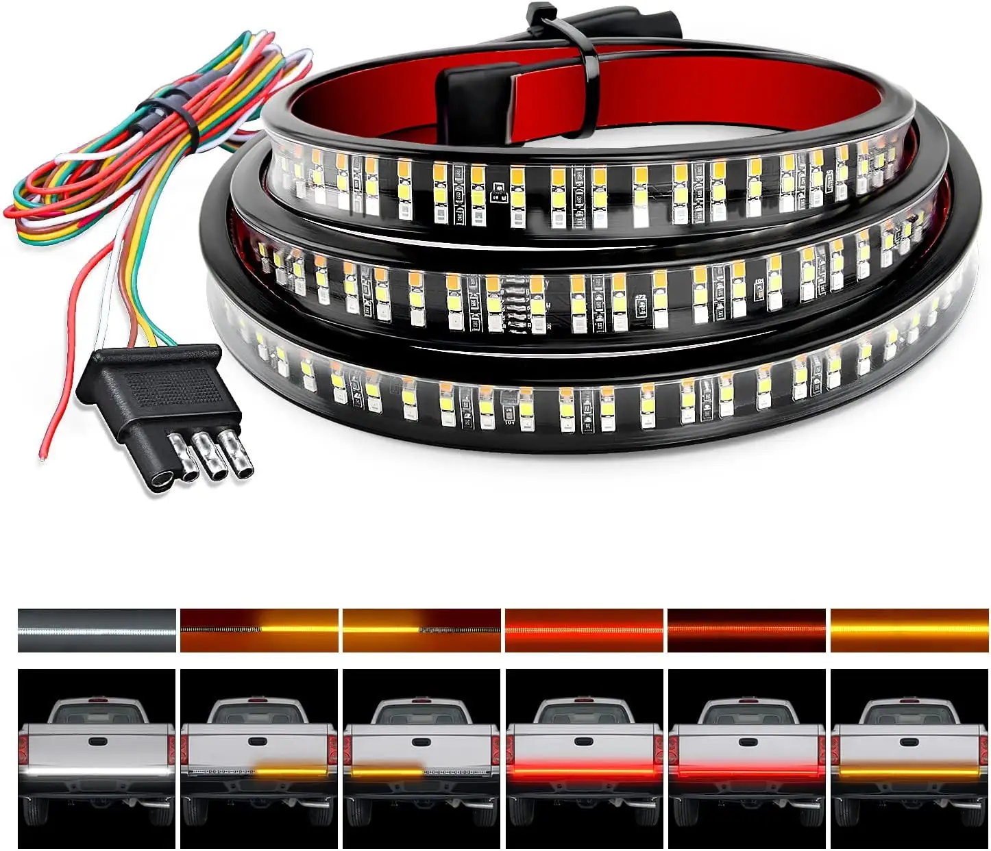 Tailgate Light Bar 60 Inch Triple Row 432 LED 5 Functions Sequential Amber Turn Signals. Red Brake Running. White Reverse Tailgate Strip Light IP67 Waterproof