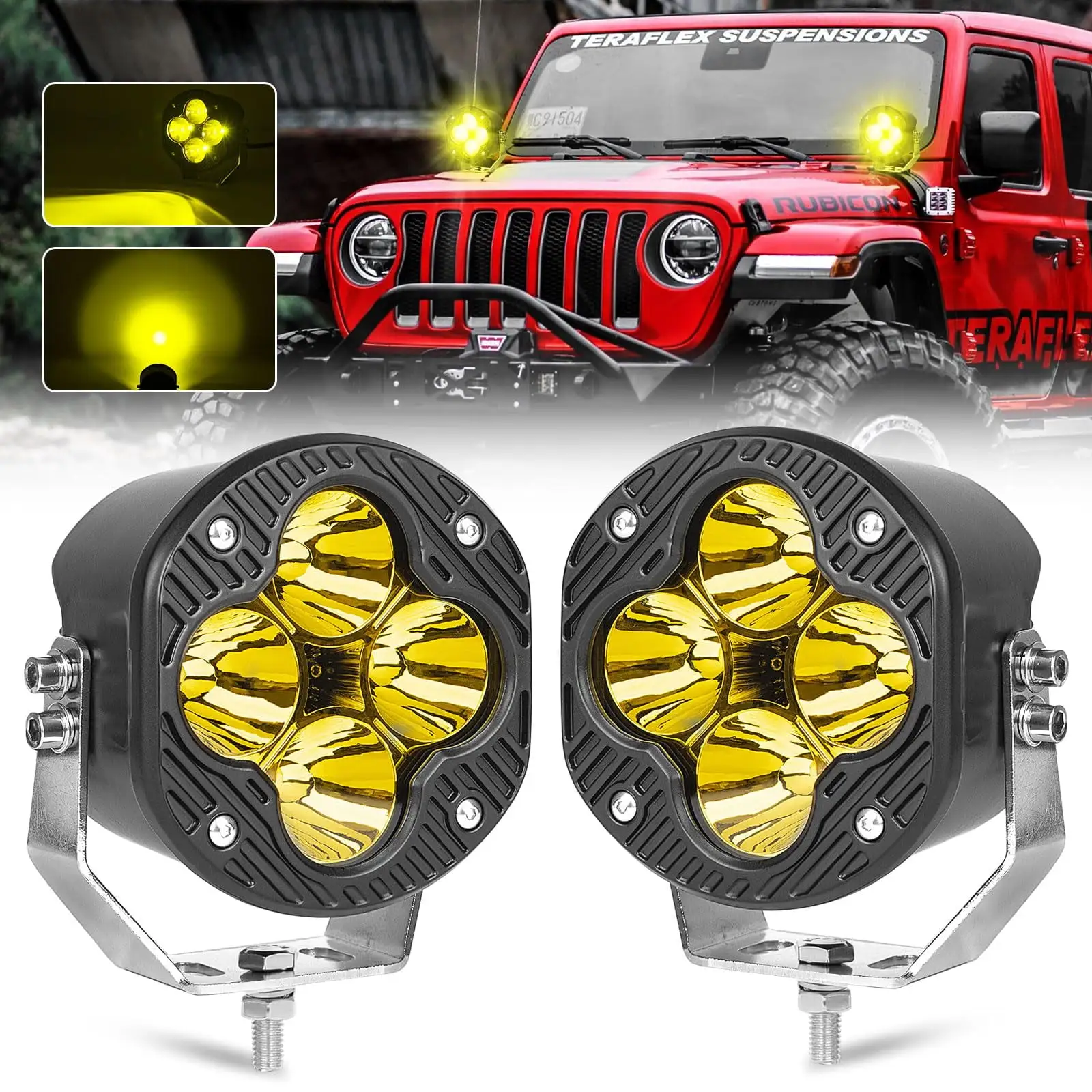 4.5 Inch 60W Amber Yellow LED Driving Light.6000LM Super Brigh Offroad Light Work Light Bar Spot Flood Combo light LED Fog Light for Jeep. ATV. SUV. UTV. Trucks. Pickup. Golf Cart. 4x4 - Pack of 2