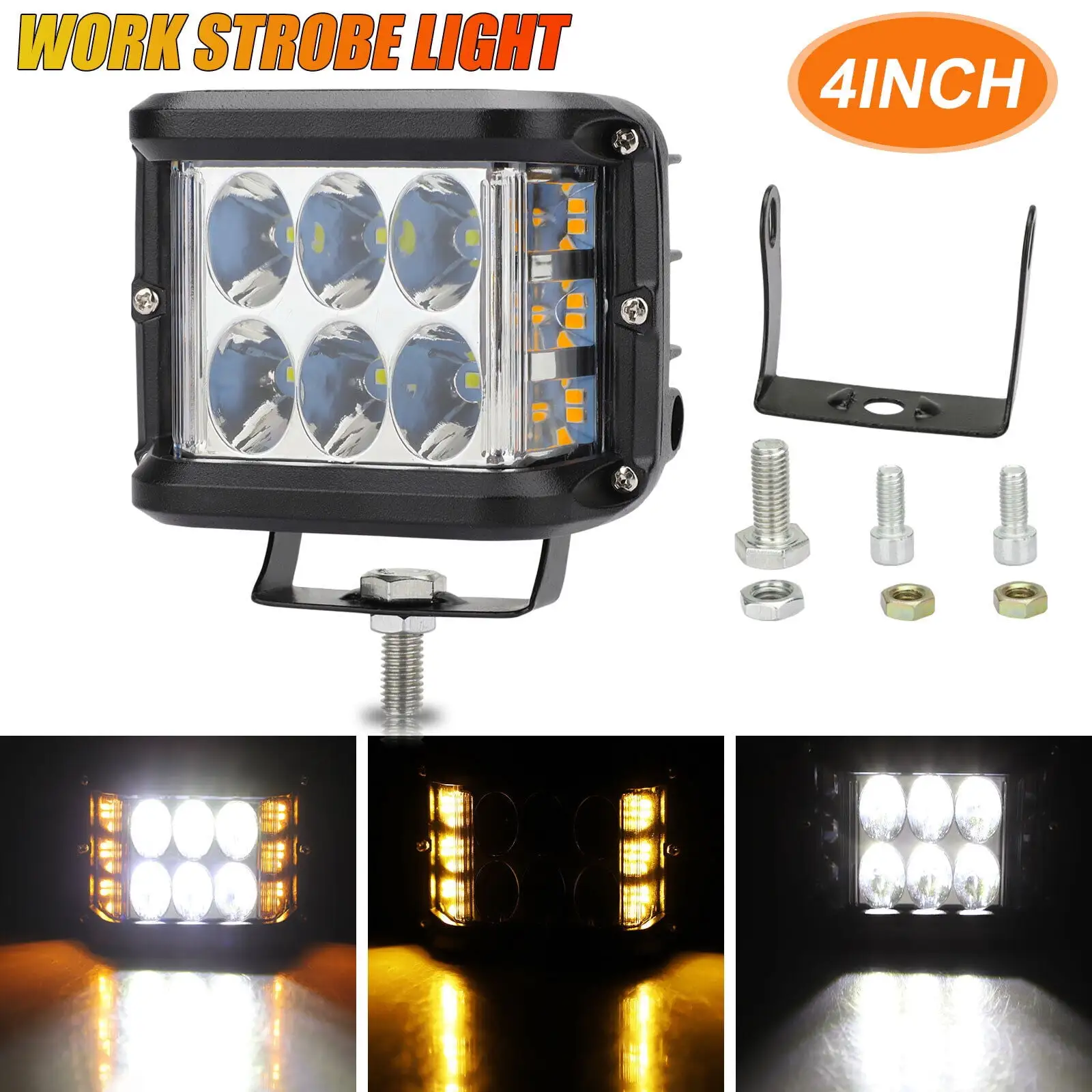 4 LED Work Light Bar Dual Side Amber & White Strobe Shooter Lamp SUV ATV Truck