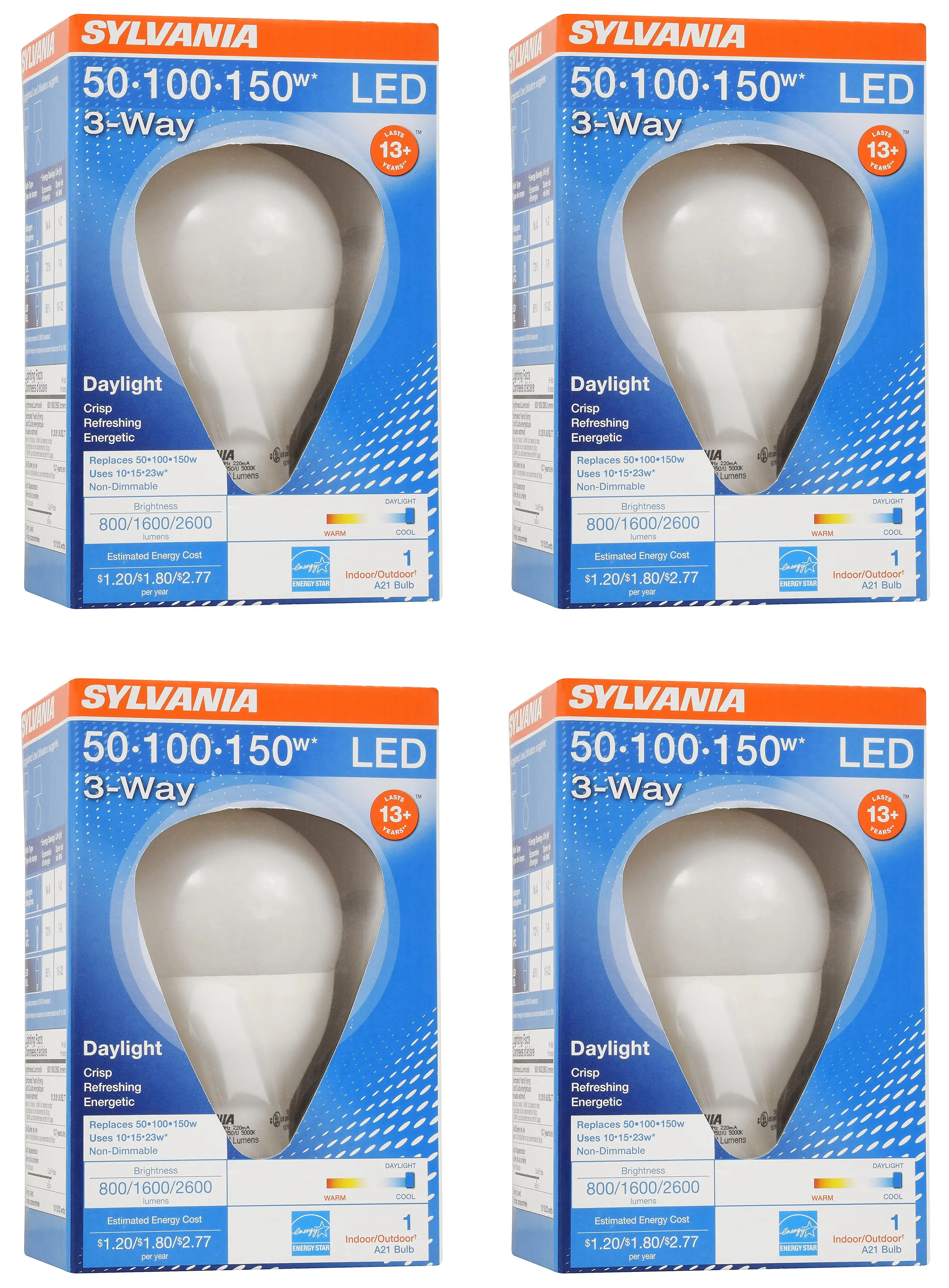 (4 bulbs) SYLVANIA A21 LED Light Bulb. 3 Way. 50W/ 100W/ 150W. 13 Year. Non-Dimmable. Up to 2600 Lumens. 5000K. Daylight (79770)