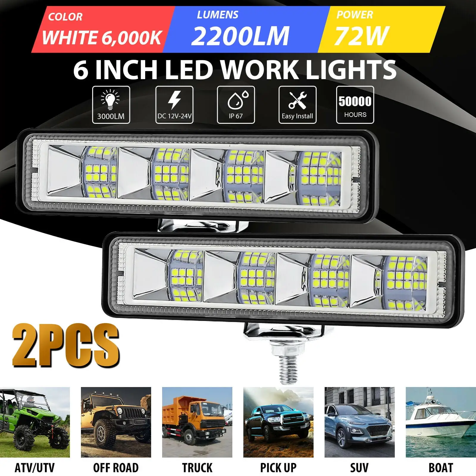 YouLoveIt 2PCS 6 Inch LED Light Flood Beam Off Road Driving Lights Fog Light bar Grill Mount Light Off Road Light for Van Off-Road Under Car. 4WD