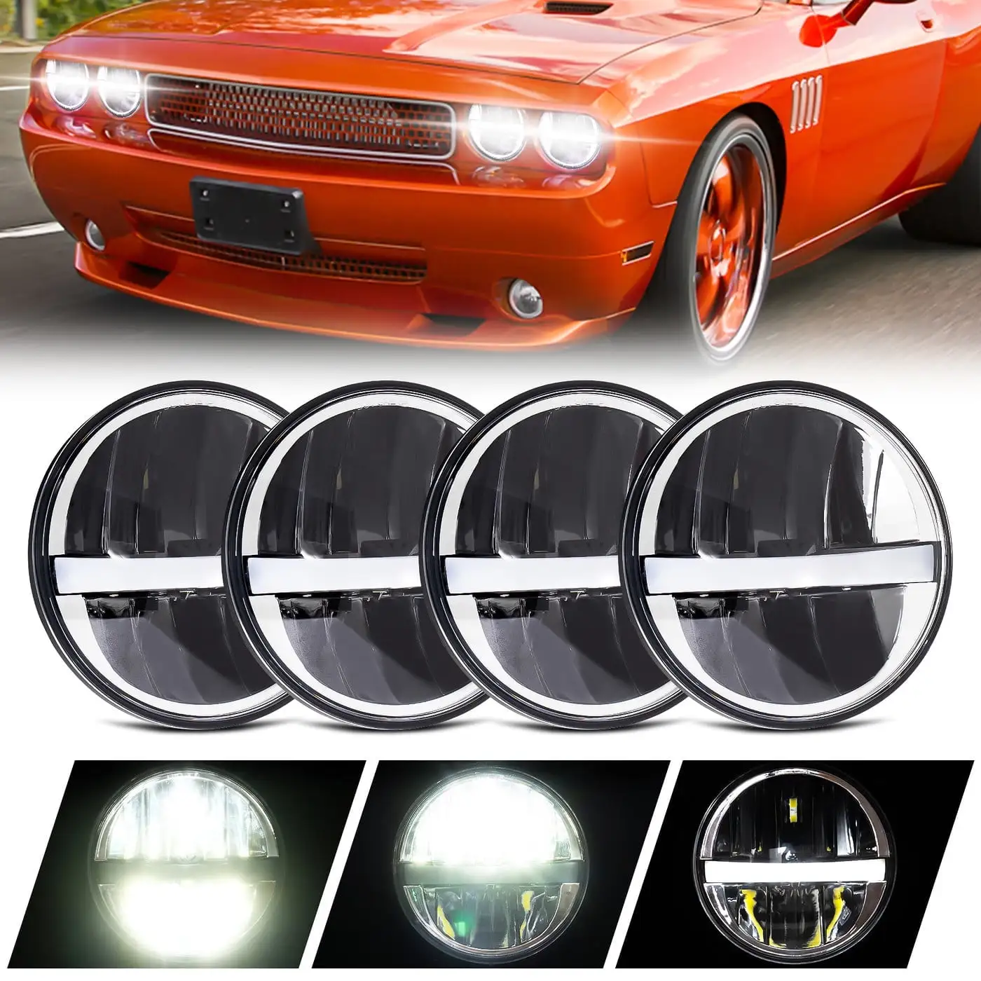 4pcs 5.75 Inch Headlights Assembly DOT Approved Round Arc Black Housing PC Clear Lens 9003/HB2 Conversion Kit Parking White High/Low Beam DRL Daytime Running Light