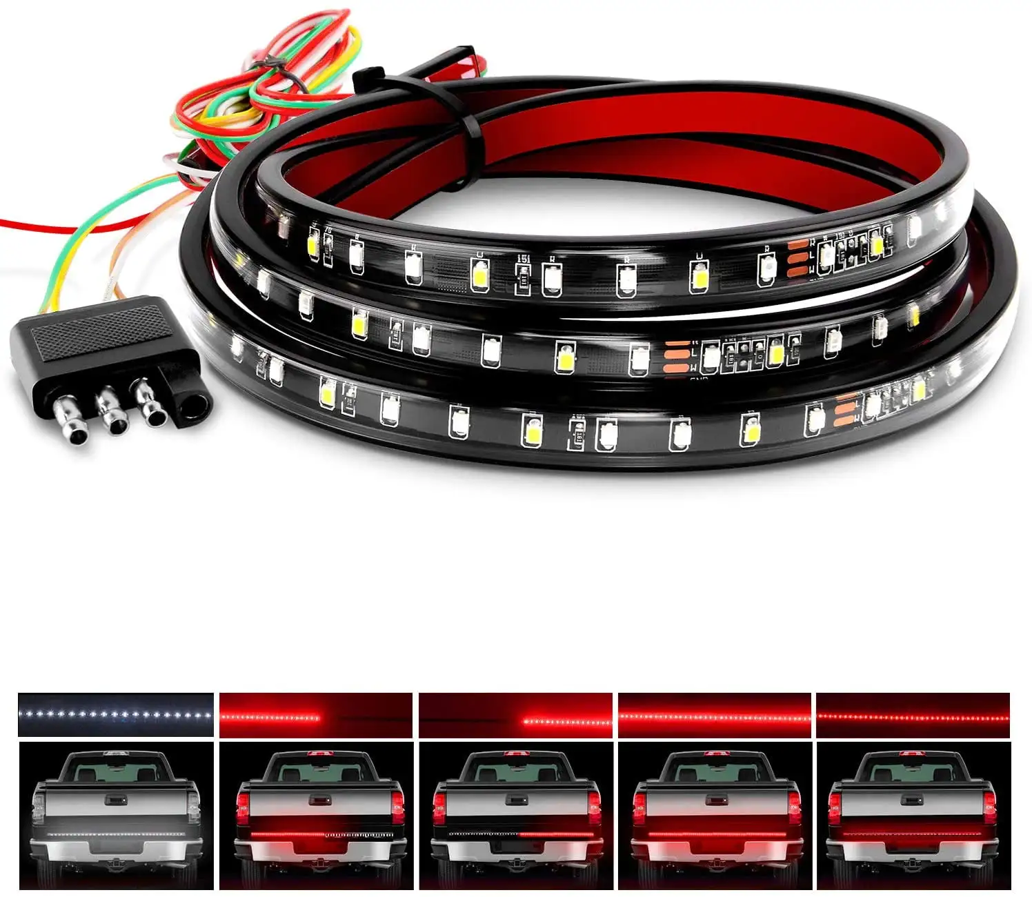 60 Truck Tailgate Light Bar 108 LED Single Row Tailgate Light Strip with Red Running Brake Lights Turn Signal White Reverse Light