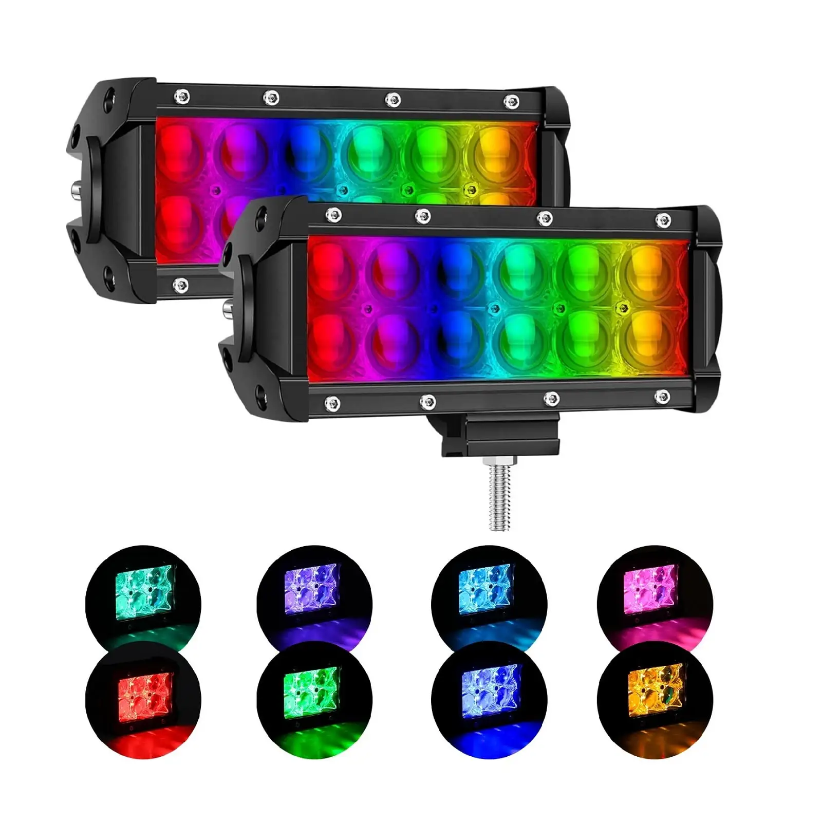 7inch 72W RGB LED Light Bar Off Road Automotive Work Lights with Chasing RGB Halo 40 Modes Switching Flashing Modes Flood Combo Beam Waterproof for Trucks Pickup SUV ATV2Pack