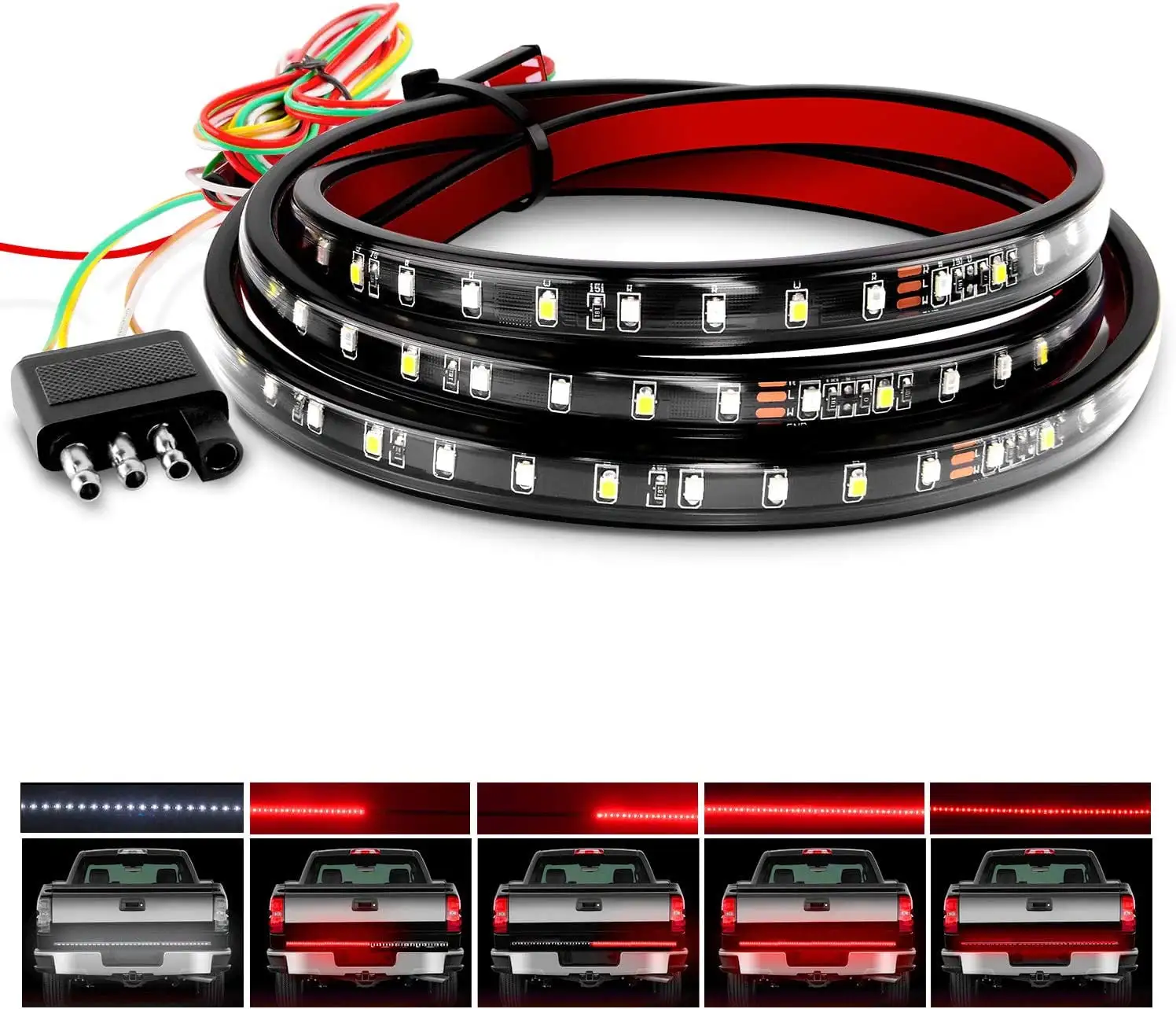 60 Truck Tailgate Light Bar 108 LED Single Row Tailgate Light Strip with Red Running Brake Lights Turn Signal White Reverse Light