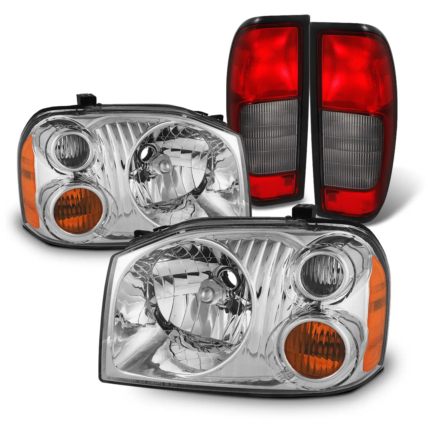 AKKON - [2 Sets]Fit 2001-2004 Nissan Frontier OE Style Premium Chrome Headlights + Tail Lights Red Len Housing Assemblies