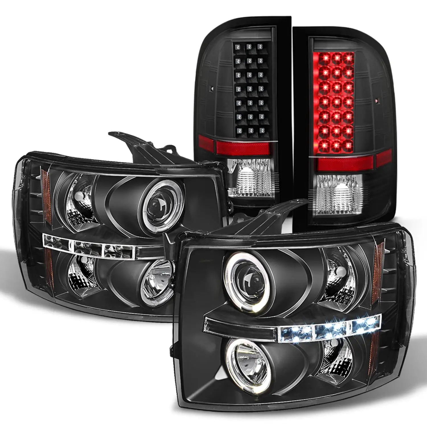 AKKON - [Black Bezel Housing] Fits 07-13 Chevy Silverado Pickup Dual Halo DRL Projector Headlights + Tail Lamps LED