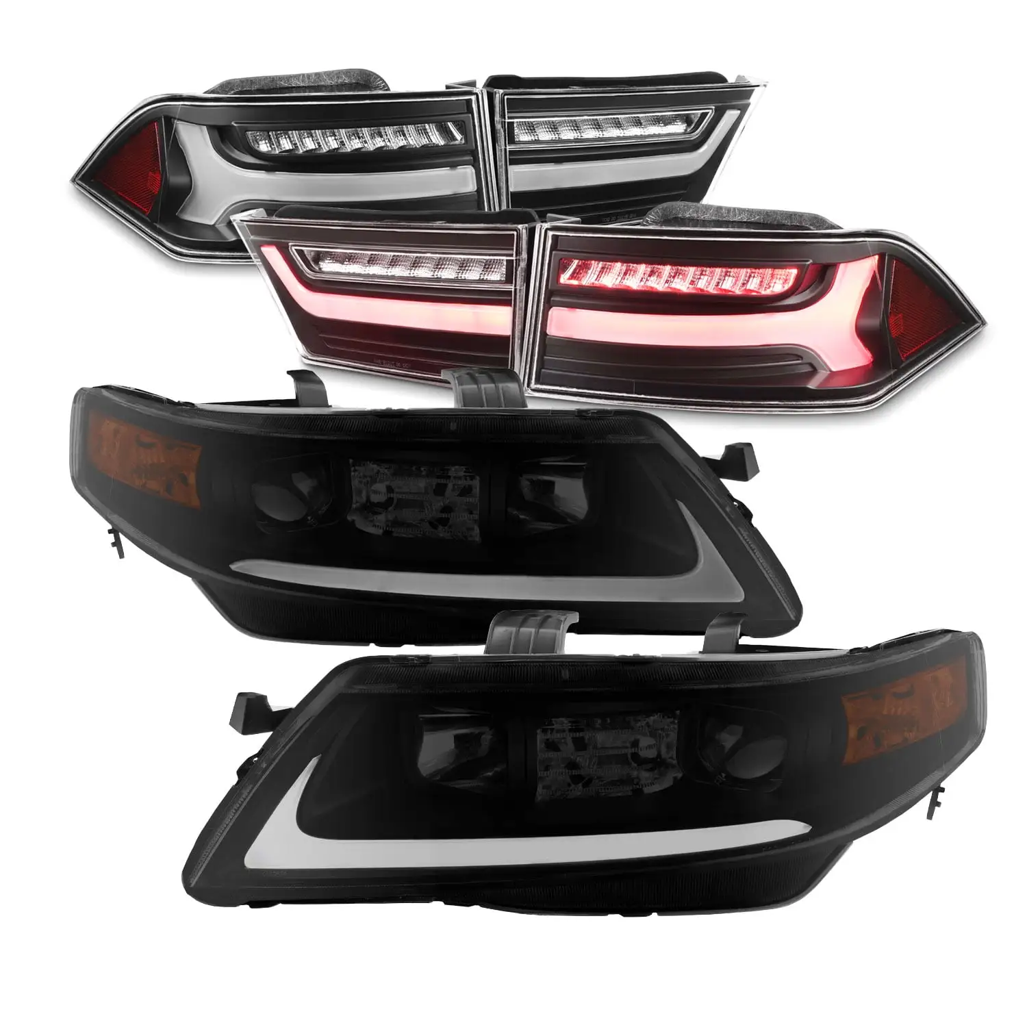 AKKON - [Black Housing] Fits 2004-2008 Acura TSX LED Light Bar Projector Smoke Headlights + Tail Lamps Combo