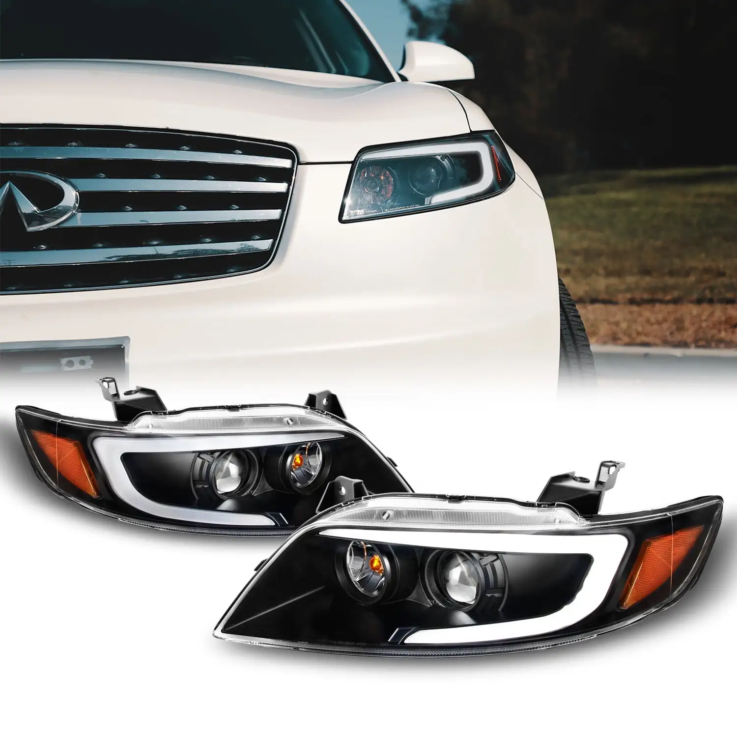 AKKON - [C-Style] [Black] 2003-2008 FX35 FX45 LED DRL Switchback Turn Signal Projector Headlights