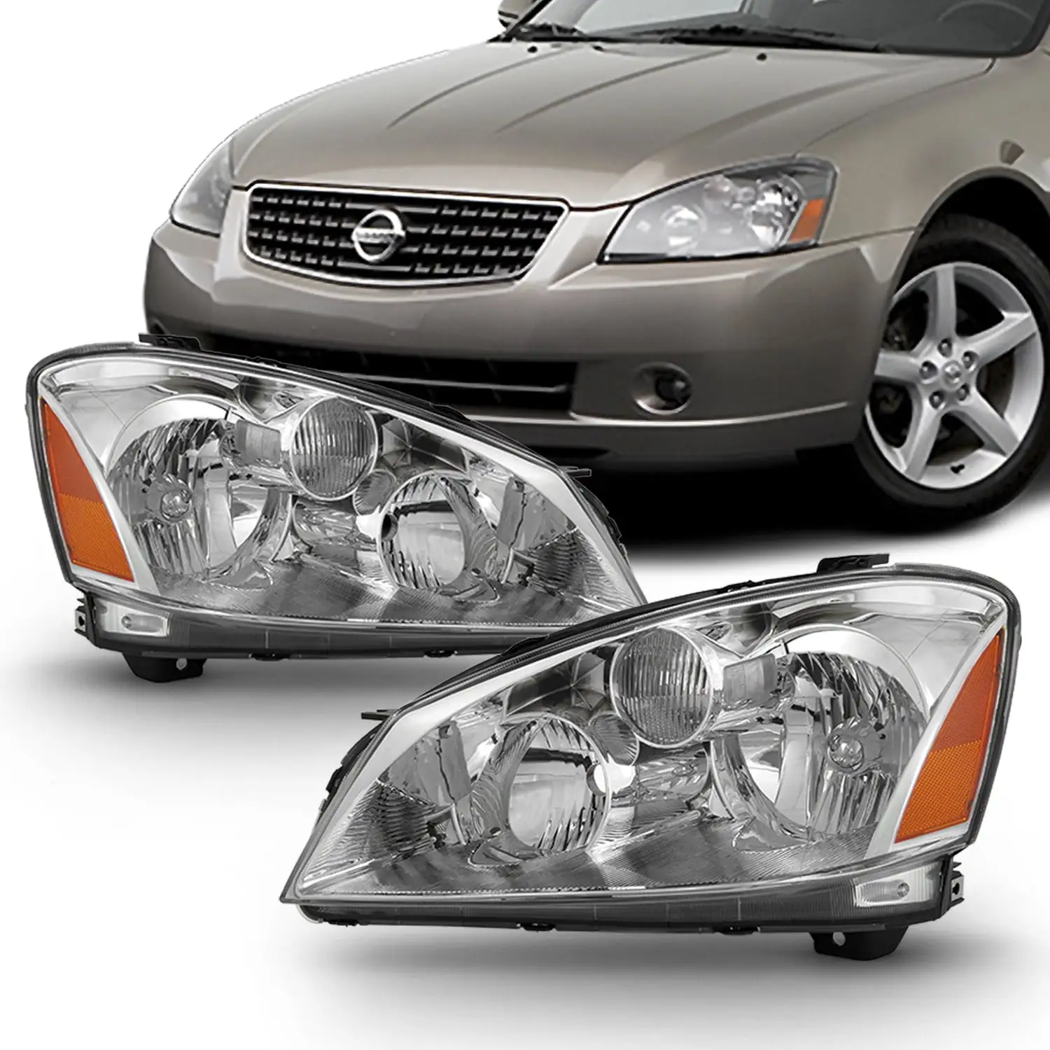 AKKON - Chrome Housing Clear Lens Fits 2005-2006 Altima Halogen Type Original Manufacturer Style Headlights 05 06 Pair