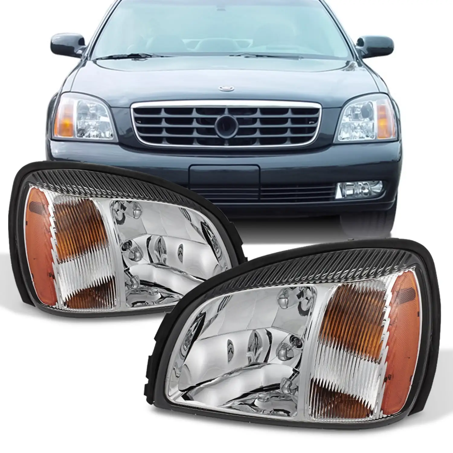 AKKON - Chrome [OE Style] Headlights Fits 2000-2005 Cadillac Deville 4Door Pair Driver + Passenger w/ Amber Side Replacement