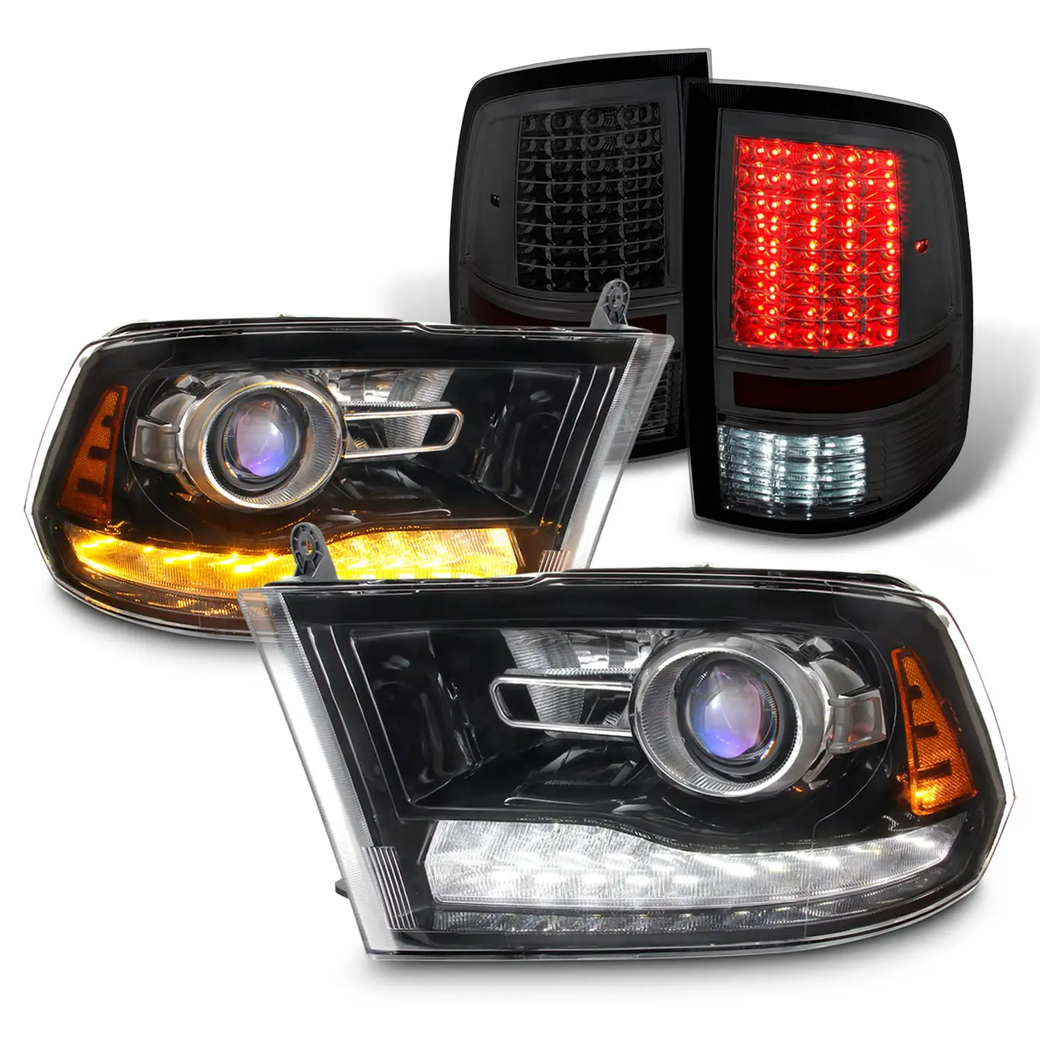 AKKON - Fit 09-18 Dodge Ram LED DRL Projector Switchback Headlight + LED Taillights - Chrome Smoke