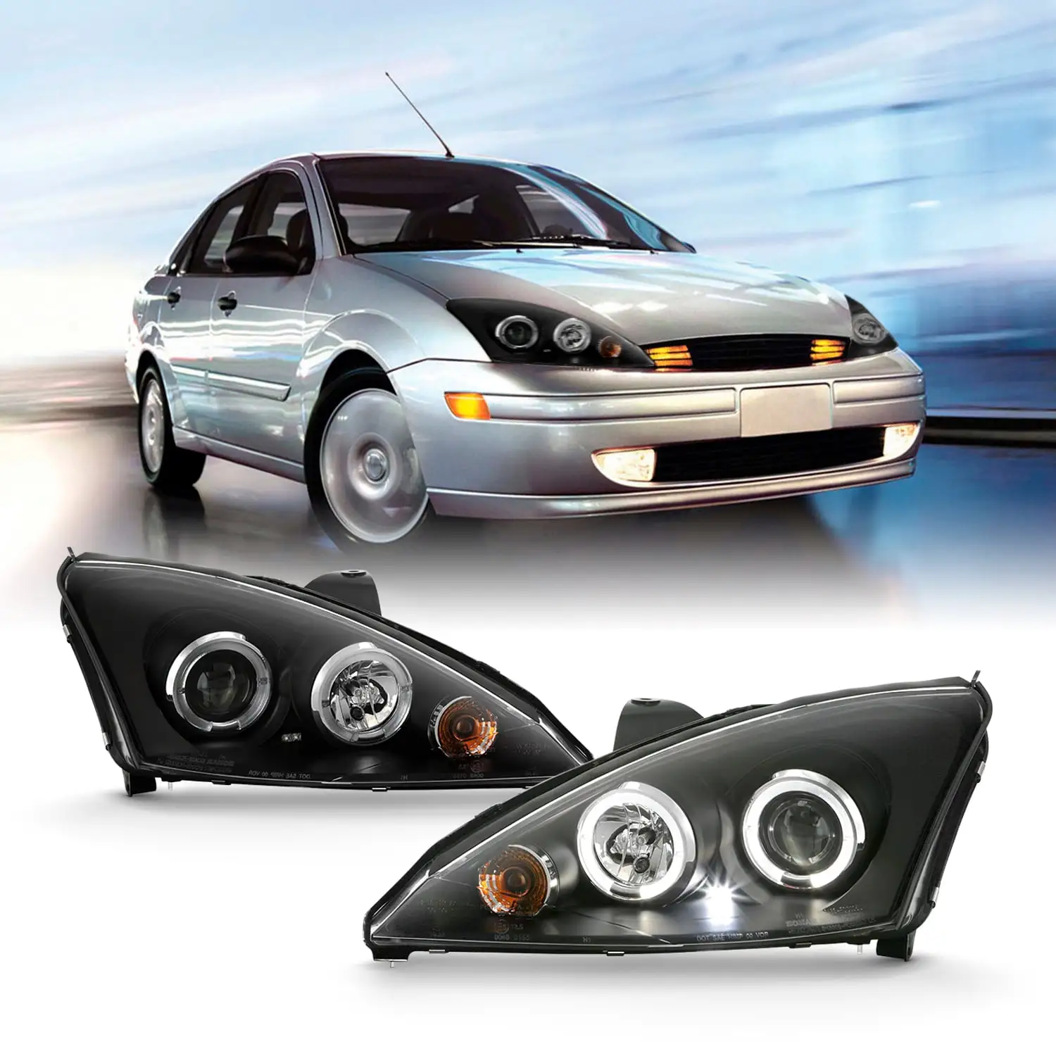 AKKON - Fit 2000-2004 Ford Focus Dual Halo LED DRL Halogen Type Projector Headlights Headlamp Black Driver+Passenger