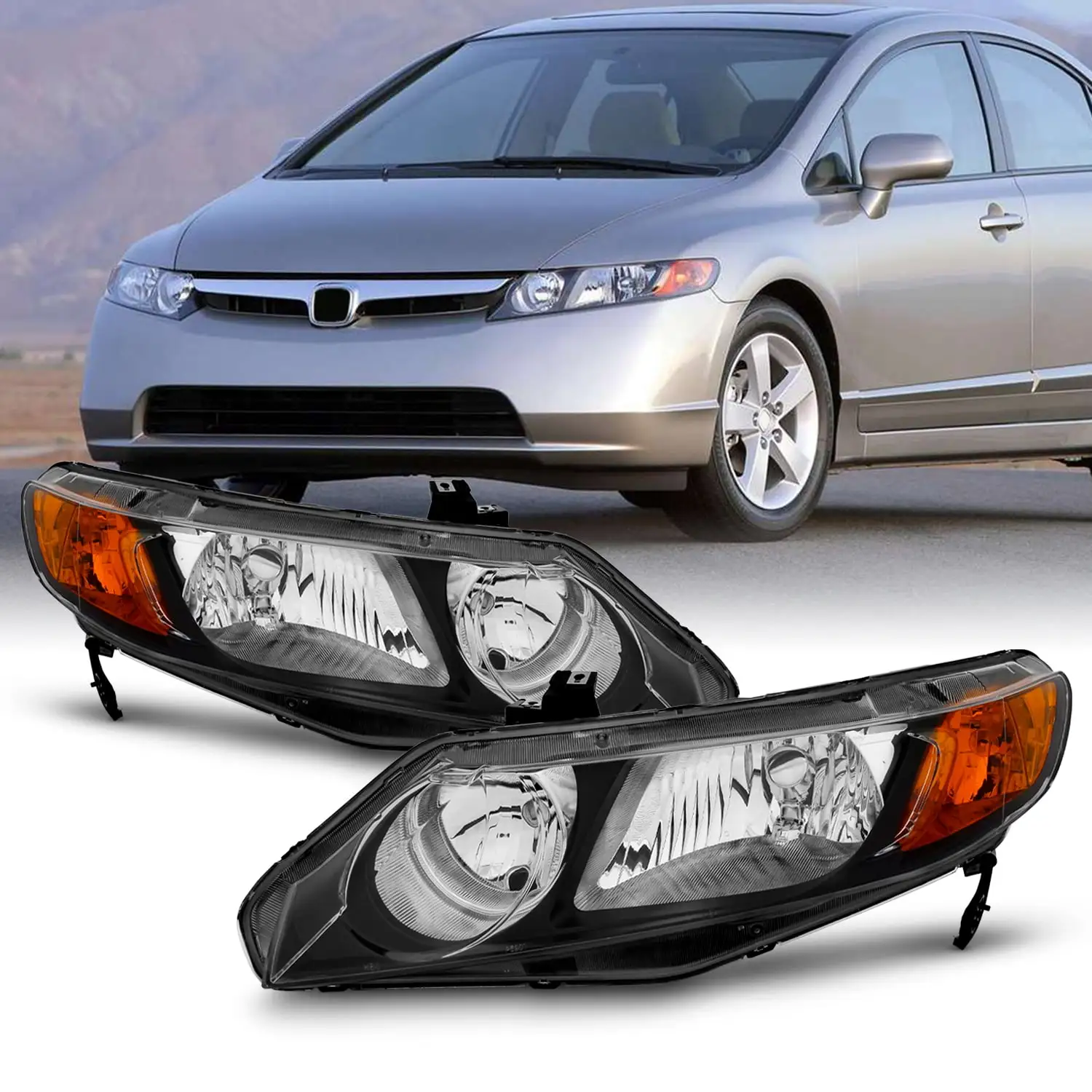 AKKON - Fit 2006-2011 Honda Civic Sedan 06-11 Halogen Type Headlights Large Amber Corner Replacement Black Pair