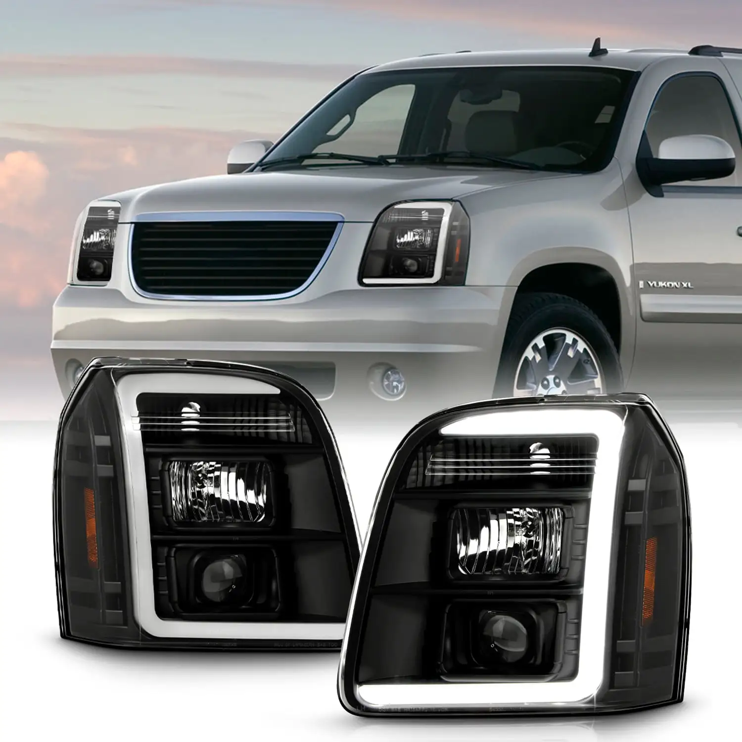 AKKON - Fit 2007-2013 GMC Yukon XL 1500 2500 Denali [LED Tube Parking] Low-Beam Projector Black Headlights Pair Driver+Passenger