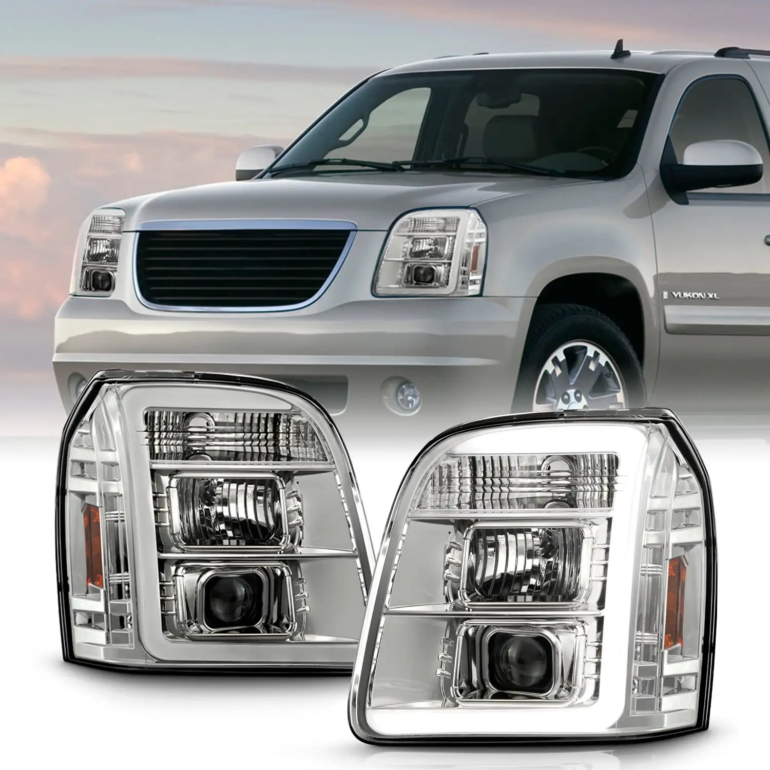 AKKON - Fit 2007-2013 GMC Yukon XL 1500 2500 Denali [LED Tube Parking] Low-Beam Projector Chrome Headlight Pair Driver+Passenger