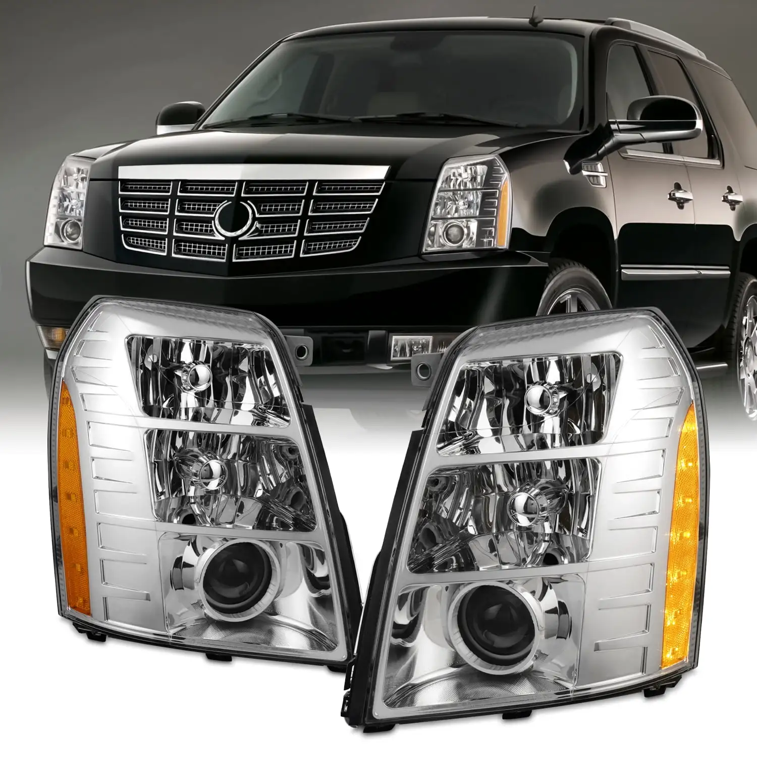 AKKON - Fit 2007-2014 Cadillac Escalade 07-14 HID Projector Headlights Headlamp Chrome Assembly Driver + Passenger