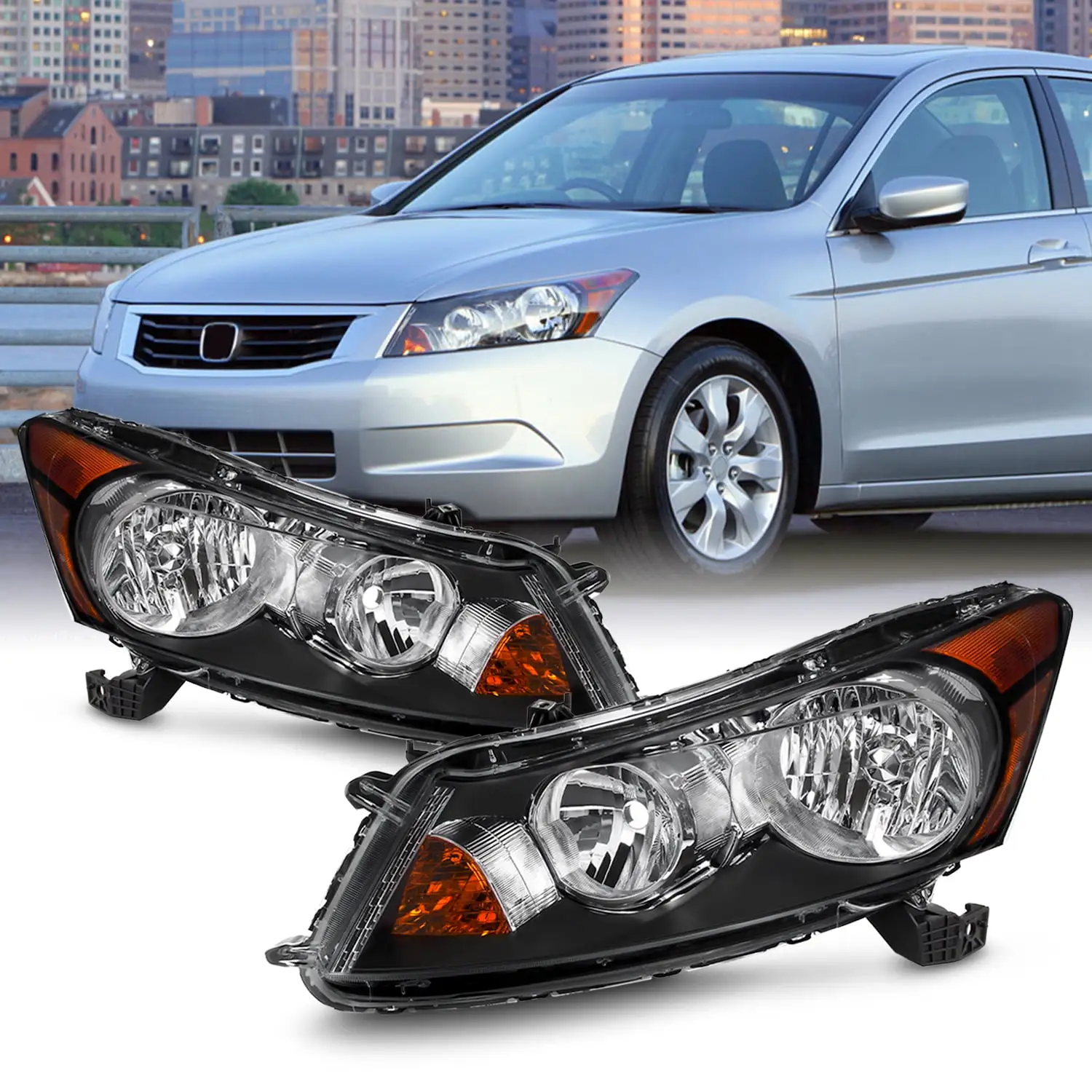 AKKON - Fit 2008 2009 2010 2011 2012 Honda Accord Sedan 08-12 4Dr Headlights Assembly OE Style Black Driver - Passenger