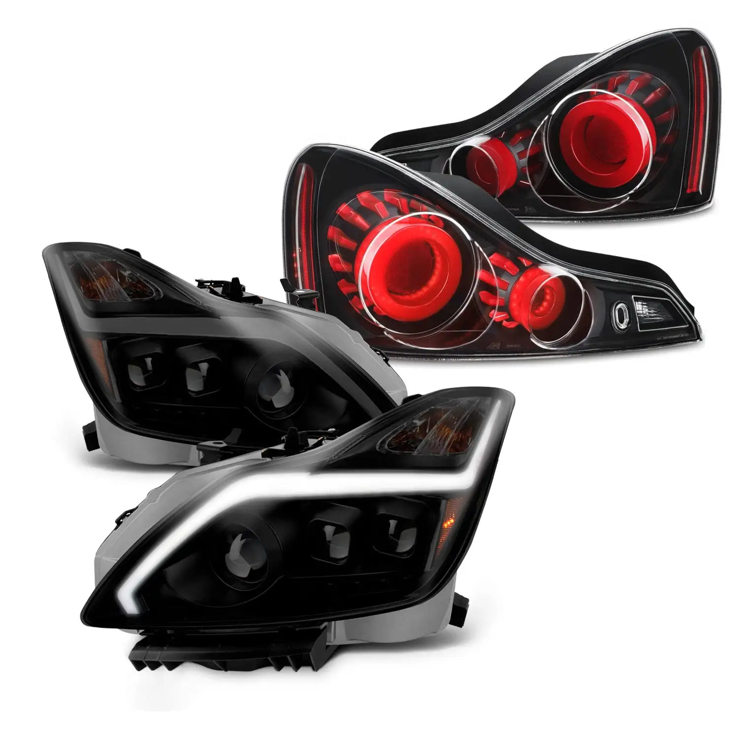 AKKON - Fit 2008-2013 Infiniti G37 / 14-15 Q60 LED Light Tube Projector Smoked Headlights & 3D LED Tail Lights - [Black Housing]